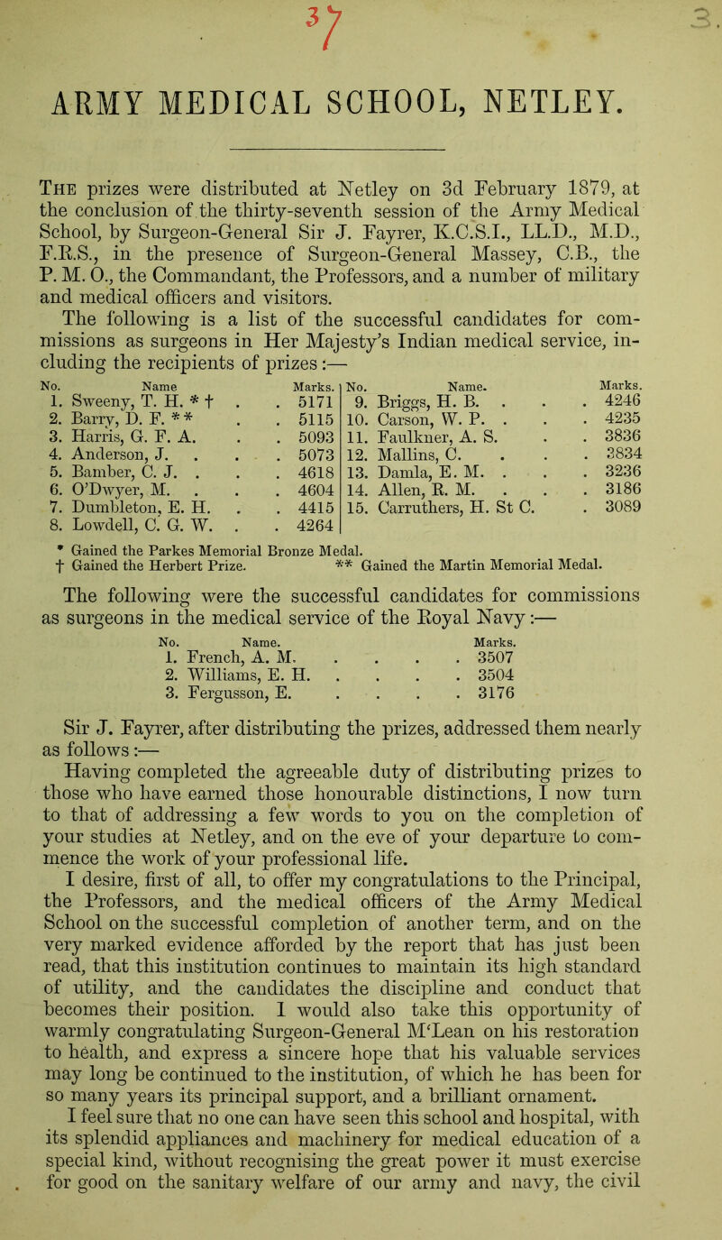 7 ARMY MEDICAL SCHOOL, NETLEY. The prizes were distributed at Netley on 3d February 1879, at the conclusion of.the thirty-seventh session of the Army Medical School, by Surgeon-General Sir J. Fayrer, K.C.S.L, LL.D., M.D., F.R.S., in the presence of Surgeon-General Massey, C.B., the P. M. 0., the Commandant, the Professors, and a number of military and medical officers and visitors. The following is a list of the successful candidates for com- missions as surgeons in Her Majesty’s Indian medical service, in- cluding the recipients of prizes :— No. Name Marks. No. Name. Marks. 1. Sweeny, T. H. * + . . 5171 9. Briggs, H. B. . 4246 2. Barry, D. F. ** . 5115 10. Carson, W. P. . . 4235 3. Harris, G. F. A. . 5093 11. Faulkner, A. S. . 3836 4. Anderson, J. . 5073 12. Mallins, C. . 3834 5. Bamber, C. J. . . 4618 13. Damla, E. M. . . 3236 6. O’Dwyer, M. . 4604 14. Allen, R. M. . 3186 7. Dumbleton, E. H. . 4415 15. Carruthers, H. St C. . 3089 8. Lowdell, O' G. W. . . 4264 * Gained the Parkes Memorial Bronze Medal. *t Gained the Herbert Prize. ** Gained the Martin Memorial Medal. The following were the successful candidates for commissions as surgeons in the medical service of the Eoyal Navy:— No. Name. 1. French, A. M. 2. Williams, E. H. 3. Fergusson, E. Marks. 3507 3504 3176 Sir J. Fayrer, after distributing the prizes, addressed them nearly as follows:— Having completed the agreeable duty of distributing prizes to those who have earned those honourable distinctions, I now turn to that of addressing a few words to you on the completion of your studies at Netley, and on the eve of your departure to com- mence the work of your professional life. I desire, first of all, to offer my congratulations to the Principal, the Professors, and the medical officers of the Army Medical School on the successful completion of another term, and on the very marked evidence afforded by the report that has just been read, that this institution continues to maintain its high standard of utility, and the candidates the discipline and conduct that becomes their position. I would also take this opportunity of warmly congratulating Surgeon-General M'Lean on his restoration to health, and express a sincere hope that his valuable services may long be continued to the institution, of which he has been for so many years its principal support, and a brilliant ornament. I feel sure that no one can have seen this school and hospital, with its splendid appliances and machinery for medical education of a special kind, without recognising the great power it must exercise for good on the sanitary welfare of our army and navy, the civil