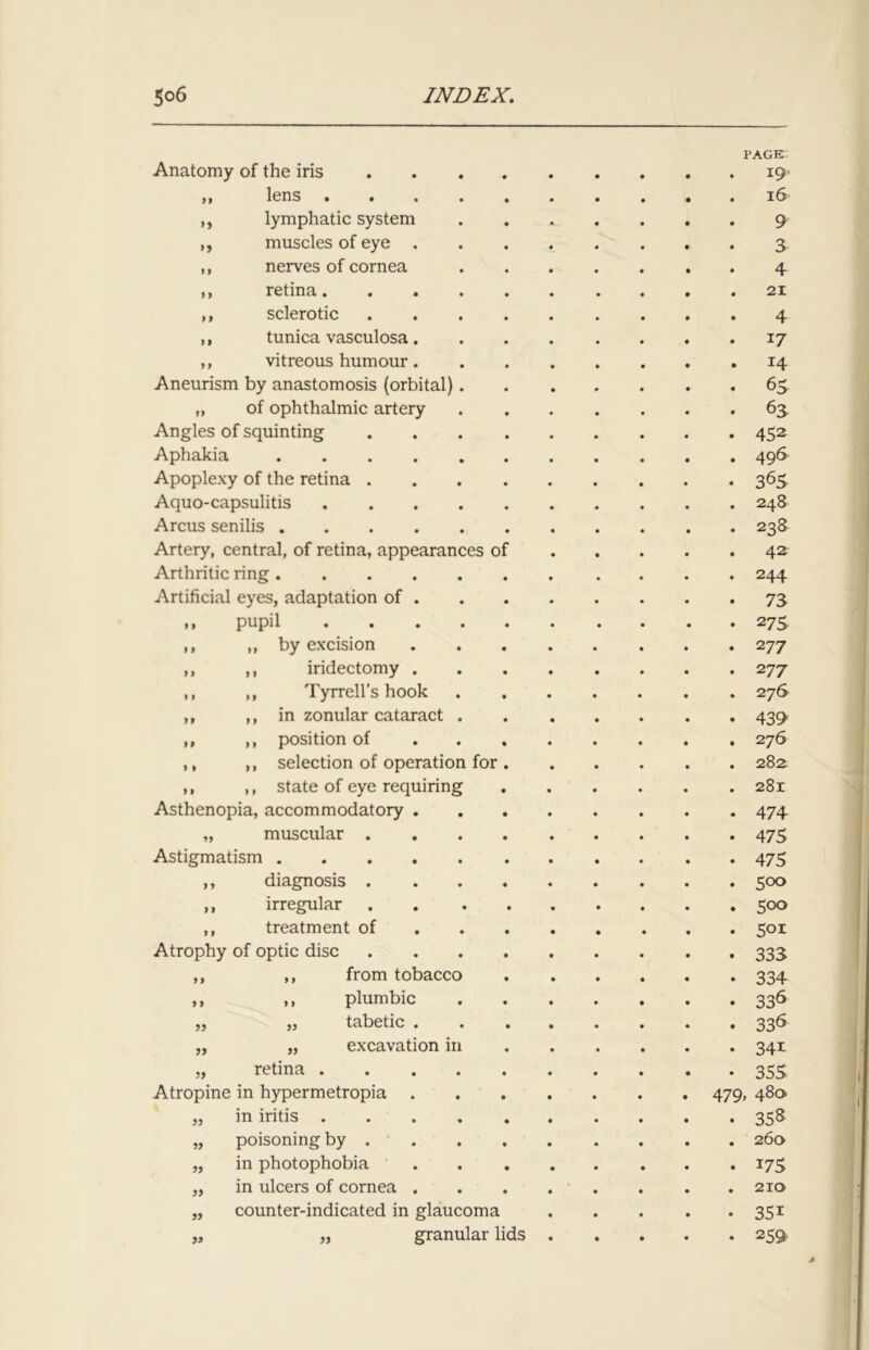 Anatomy of the iris ,, lens . lymphatic system muscles of eye . ,, nerves of cornea retina« * • ,, sclerotic ,, tunica vasculosa. ,, vitreous humour. Aneurism by anastomosis (orbital) „ of ophthalmic artery Angles of squinting Aphakia .... Apoplexy of the retina . Aquo-capsulitis Arcus senilis .... Artery, central, of retina, appearances o Arthritic ring .... Artificial eyes, adaptation of . ,, pupil by excision iridectomy . Tyrrell’s hook in zonular cataract position of selection of operation for state of eye requiring accommodatory muscular . Asthenopia n Astigmatism > I 33 ,, diagnosis . ,, irregular ,, treatment of Atrophy of optic disc ,, „ from tobacco ,, plumbic „ tabetic . „ „ excavation in „ retina . Atropine in hypermetropia in iritis poisoning by . in photophobia in ulcers of cornea counter-indicated in glaucoma „ granular lids >} »> » » jj PAGE 19 16 9 3 4 21 4 17 14 65 63 452 496 365 248 238 42 244 73 275 2 77 2 77 276 439 276 282 281 474 475 475 500 500 501 333 334 336 336 34i 355 479: 480 358 260 175 210 3Si 259