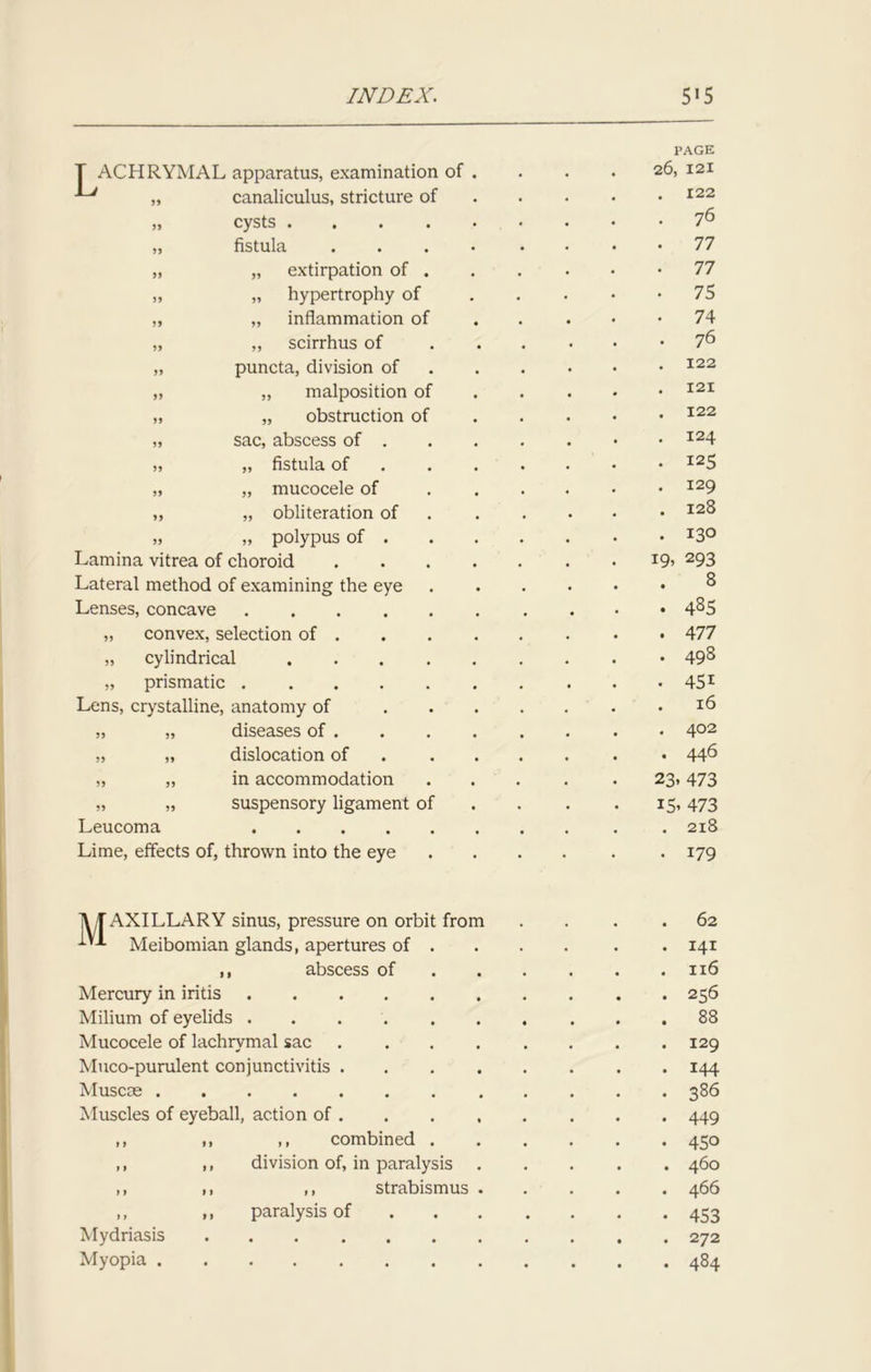 T ACHRYMAL apparatus, examination of „ canaliculus, stricture of „ cysts .... „ fistula „ „ extirpation of . „ „ hypertrophy of „ „ inflammation of „ „ scirrhus of „ puncta, division of „ „ malposition of „ „ obstruction of „ sac, abscess of . ,, „ fistula of „ „ mucocele of „ „ obliteration of „ „ polypus of . Lamina vitrea of choroid Lateral method of examining the eye Lenses, concave „ convex, selection of . „ cylindrical .... „ prismatic Lens, crystalline, anatomy of „ „ diseases of . „ „ dislocation of „ „ in accommodation „ „ suspensory ligament of Leucoma Lime, effects of, thrown into the eye PAGE 26, 121 . 122 • 76 . 77 • 77 • 75 • 74 . 76 . 122 . 121 . 122 . 124 • 125 . 129 . 128 . 13° 19. 293 . 8 . 485 . 477 . 498 • 45i . 16 . 402 • 446 23. 473 15- 473 . 218 • 179 TV If AXILLARY sinus, pressure on orbit from . . .62 -L’-*- Meibomian glands, apertures of ... . . 141 ,, abscess of 116 Mercury in iritis 256 Milium of eyelids 88 Mucocele of lachrymal sac 129 Muco-purulent conjunctivitis 144 Muscae 386 Muscles of eyeball, action of 449 ,, ,, ,, combined 450 ,, „ division of, in paralysis 460 ,, ,, ,, strabismus 466 ,, ,, paralysis of 453 Mydriasis 272 Myopia 484