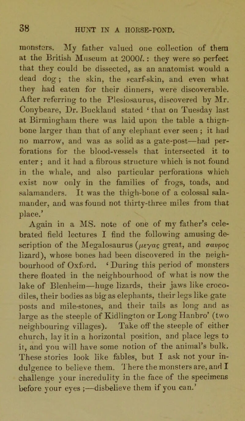 monsters. My father valued one collection of them at the British Museum at 20001.: they were so perfect that they could be dissected, as an anatomist would a dead dog; the skin, the scarf-skin, and even what they had eaten for their dinners, were discoverable. After referring to the Plesiosaurus, discovered by Mr. Conybeare, Dr. Buckland stated ‘that on Tuesday last at Birmingham there was laid upon the table a thign- bone larger than that of any elephant ever seen ; it had no marrow, and was as solid as a gate-post—had per- forations for the blood-vessels that intersected it to enter ; and it had a fibrous structure which is not found in the whale, and also particular perforations which exist now only in the families of frogs, toads, and salamanders. It was the thigh-bone of a colossal sala- mander, and was found not thirty-three miles from that place.’ Again in a MS. note of one of my father’s cele- brated field lectures I find the following amusing de- scription of the Megalosaurus (pryag great, and uavpoQ lizard), whose bones had been discovered in the neigh- bourhood of Oxford. ‘ During this period of monsters there floated in the neighbourhood of what is now the lake of Blenheim—huge lizards, their jaws like croco- diles, their bodies as big as elephants, their legs like gate posts and mile-stones, and their tails as long and as large as the steeple of Kidlington or LongHanbro’ (two neighbouring villages). Take off the steeple of either church, lay it in a horizontal position, and place legs to it, and you will have some notion of the animal’s bulk. These stories look like fables, but I ask not your in- dulgence to believe them. There the monsters are, and I challenge your incredulity in the face of the specimens before your eyes ;—disbelieve them if you can.’