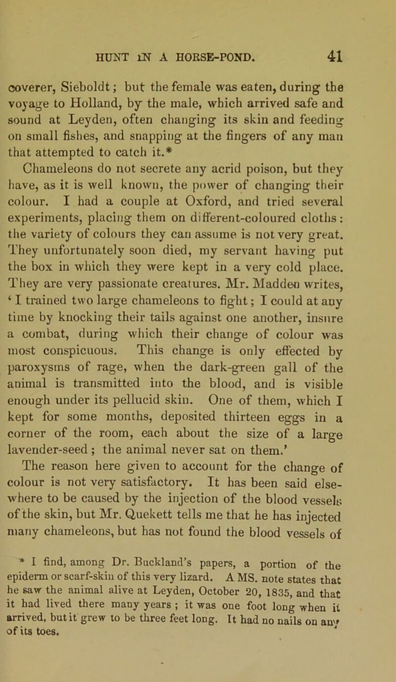 coverer, Sieboldt; but the female was eaten, during the voyage to Holland, by the male, which arrived safe and sound at Leyden, often changing its skin and feeding on small fishes, and snapping at the fingers of any man that attempted to catch it.* Chameleons do not secrete any acrid poison, but they have, as it is well known, the power of changing their colour. I had a couple at Oxford, and tried several experiments, placing them on different-coloured cloths: the variety of colours they can assume, is not very great. They unfortunately soon died, my servant having put the box in which they were kept in a very cold place. They are very passionate creatures. Mr. Madden writes, ‘ I trained two large chameleons to fight; I could at any time by knocking their tails against one another, insure a combat, during which their change of colour was most conspicuous. This change is only effected by paroxysms of rage, when the dark-green gall of the animal is transmitted into the blood, and is visible enough under its pellucid skin. One of them, which I kept for some months, deposited thirteen eggs in a corner of the room, each about the size of a large lavender-seed ; the animal never sat on them.’ The reason here given to account for the change of colour is not very satisfactory. It has been said else- where to be caused by the injection of the blood vessels of the skin, but Mr. Quekett tells me that he has injected many chameleons, but has not found the blood vessels of * I find, among Dr. Buckland’s papers, a portion of the epiderm or scarf-skin of this very lizard. A MS. note states that he saw the animal alive at Leyden, October 20, 1835, and that it had lived there many years ; it was one foot long when ii arrived, but it grew to be three feet long. It had no nails on an'/ of its toes.