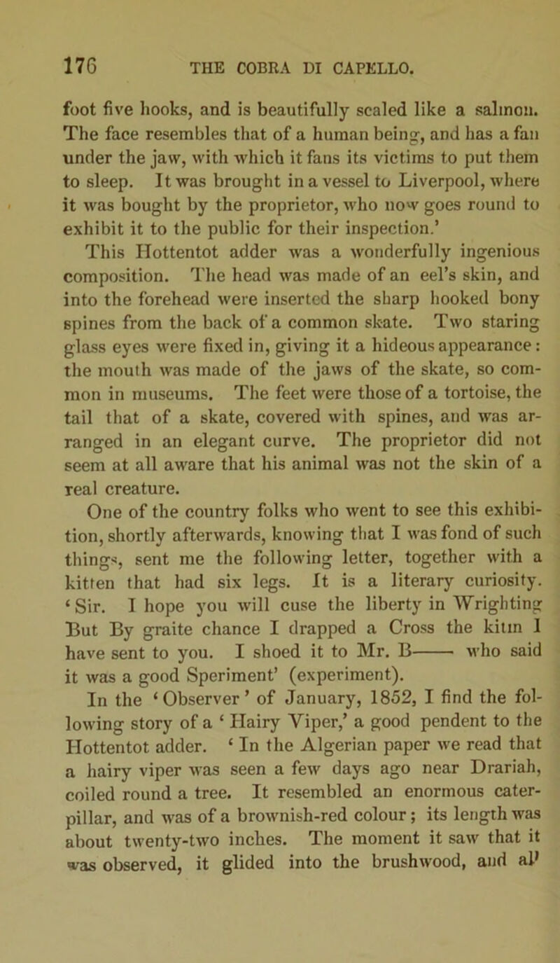 foot five hooks, and is beautifully scaled like a salmon. The face resembles that of a human being, and has a fan under the jaw, with which it fans its victims to put them to sleep. It was brought in a vessel to Liverpool, where it was bought by the proprietor, who now goes round to exhibit it to the public for their inspection.’ This Hottentot adder was a wonderfully ingenious composition. The head was made of an eel’s skin, and into the forehead were inserted the sharp hooked bony spines from the back of a common skate. Two staring glass eyes were fixed in, giving it a hideous appearance: the mouth was made of the jaws of the skate, so com- mon in museums. The feet were those of a tortoise, the tail that of a skate, covered with spines, and was ar- ranged in an elegant curve. The proprietor did not seem at all aware that his animal was not the skin of a real creature. One of the country folks who went to see this exhibi- tion, shortly afterwards, knowing that I was fond of such things, sent me the following letter, together with a kitten that had six legs. It is a literary curiosity. ‘ Sir. I hope you will cuse the liberty in Wrigliting But By graite chance I drapped a Cross the kitm I have sent to you. I shoed it to Mr. B who said it was a good Speriment’ (experiment). In the ‘Observer’ of January, 1852, I find the fol- lowing story of a ‘ Hairy Viper,’ a good pendent to the Hottentot adder. ‘ In the Algerian paper we read that a hairy viper was seen a few days ago near Drariah, coiled round a tree. It resembled an enormous cater- pillar, and was of a brownish-red colour; its length was about twenty-two inches. The moment it saw that it was observed, it glided into the brushwood, and al>