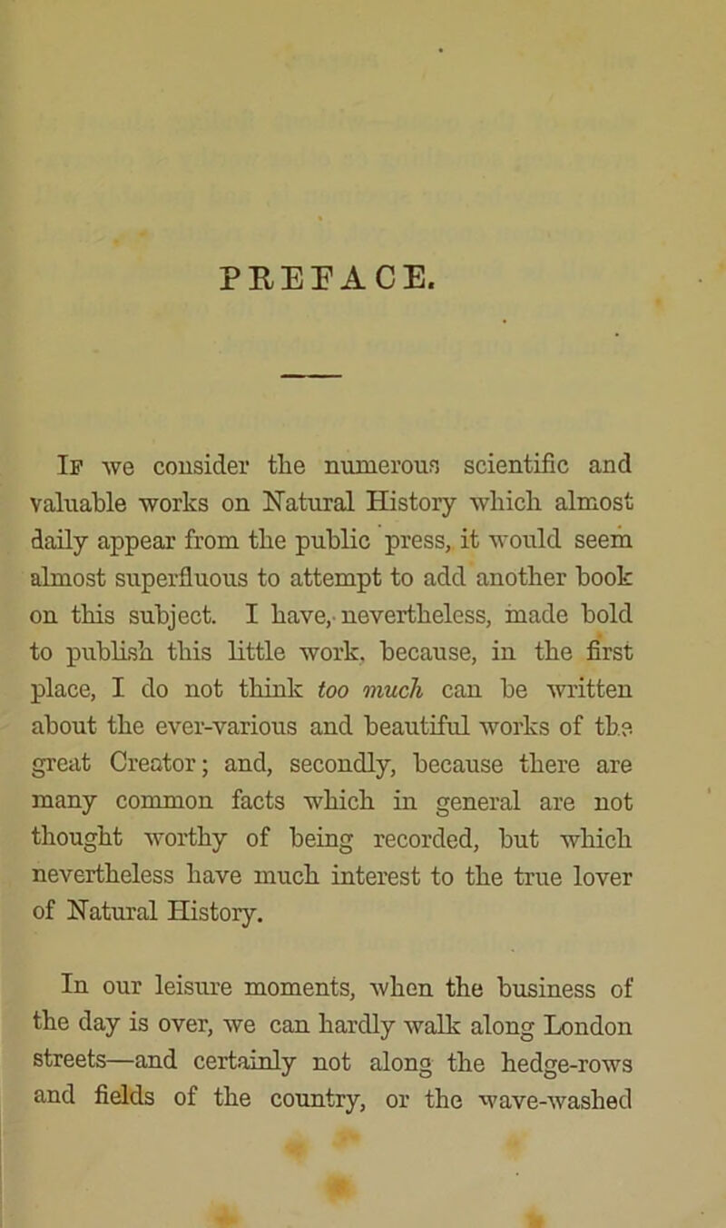 PREPACE. If we consider the numerous scientific and valuable works on Natural History which almost daily appear from the public press, it would seem almost superfluous to attempt to add another book on this subject. I have, nevertheless, made bold to publish this little work, because, in the first place, I do not think too much can be written about the ever-various and beautiful works of the great Creator; and, secondly, because there are many common facts which in general are not thought worthy of being recorded, but which nevertheless have much interest to the true lover of Natural History. In our leisure moments, when the business of the day is over, we can hardly walk along London streets—and certainly not along the hedge-rows and fields of the country, or the wave-washed