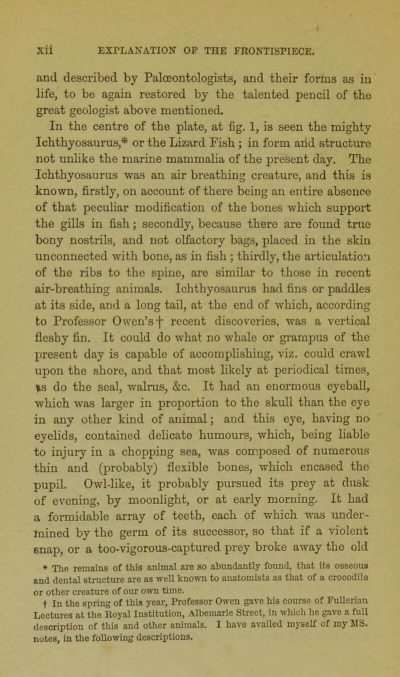 I Xii EXPLANATION OP THE FRONTISPIECE. and described by Palceontologists, and their forms as in life, to be again restored by the talented pencil of the great geologist above mentioned. In the centre of the plate, at fig. 1, is seen the mighty Ichthyosaurus,* or the Lizard Fish ; in form arid structure not unlike the marine mammalia of the present day. The Ichthyosaurus was an air breathing creature, and this is known, firstly, on account of there being an entire absence of that peculiar modification of the bones which support the gills in fish; secondly, because there are found true bony nostrils, and not olfactory bags, placed in the skin unconnected with bone, as in fish ; thirdly, the articulation of the ribs to the spine, are similar to those in recent air-breathing animals. Ichthyosaurus had fins or paddles at its side, and a long tail, at the end of which, according to Professor Owen’s f recent discoveries, was a vertical fleshy fin. It could do what no whale or grampus of the present day is capable of accomplishing, viz. could crawl upon the shore, and that most likely at periodical times, Us do the seal, walrus, &c. It had an enormous eyeball, which was larger in proportion to the skull than the eye in any other kind of animal; and this eye, having no eyelids, contained delicate humours, which, being liable to injury in a chopping sea, was composed of numerous thin and (probably) flexible bones, which encased the pupil. Owl-like, it probably pursued its prey at dusk of evening, by moonlight, or at early morning. It had a formidable array of teeth, each of which was under- mined by the germ of its successor, so that if a violent snap, or a too-vigorous-captured prey broke away the old * Tho remains of this animal are so abundantly found, that its osseous and dental structure are as well known to anatomists as that of a crocodilo or other creature of our own time. t In tho spring of this year, Professor Owen gave his course of Fullerian Lectures at the Royal Institution, Albemarle Street, in which lie gavo a full description of this and other animals. I have availed myself of my MS. notes, in the following descriptions.