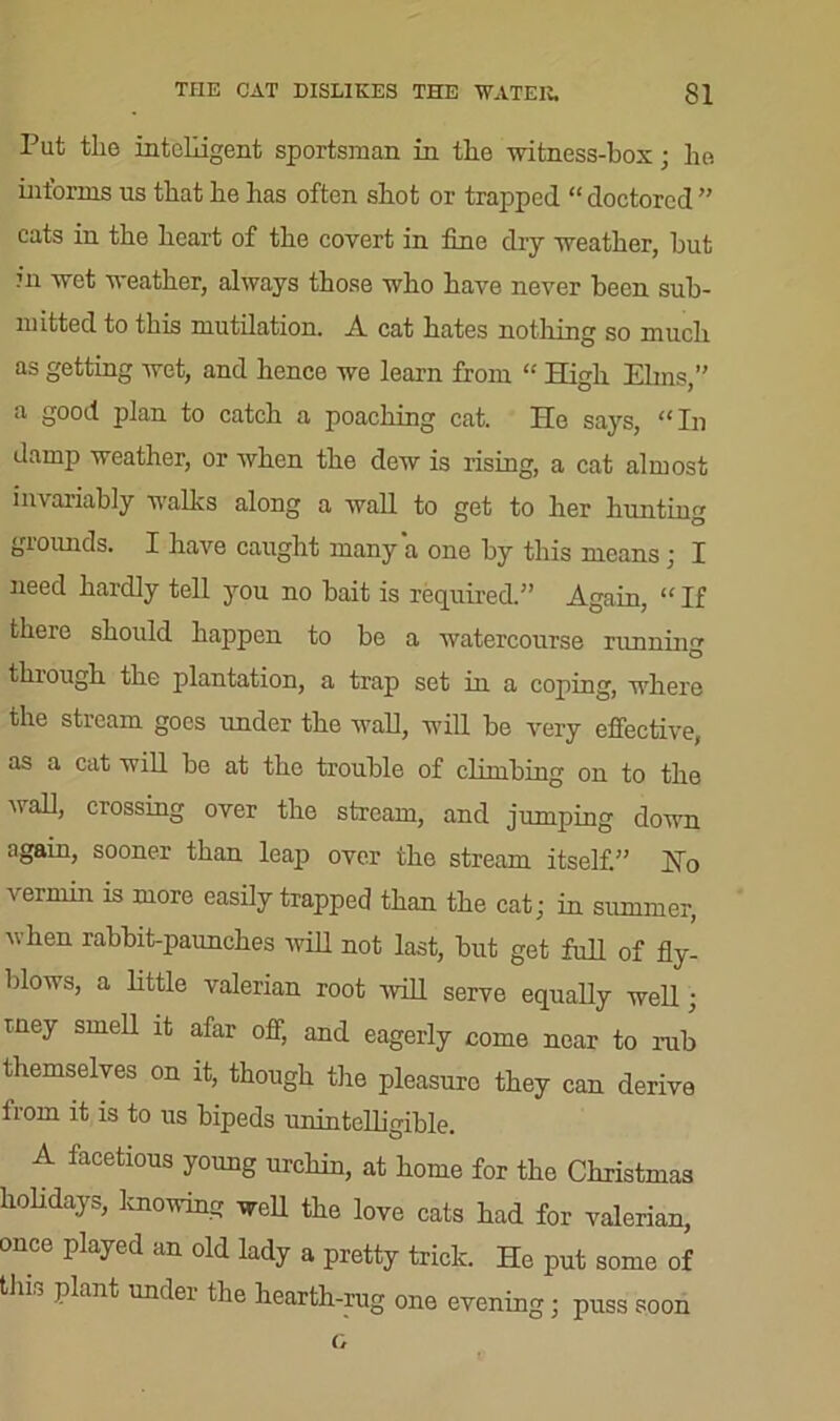 Put the intelligent sportsman in the witness-box; he informs us that he has often shot or trapped “ doctored ” eats in the heart of the covert in fine dry weather, hut in wet weather, always those who have never been sub- mitted to this mutilation. A cat hates nothing so much as getting wet, and hence we learn from “ High Elms,” a good plan to catch a poaching cat. He says, “In damp weather, or when the dew is rising, a cat almost invariably walks along a avail to get to her hunting grounds. I have caught many a one by this means; I need hardly tell you no bait is required.” Again, “ If there should happen to be a watercourse running through the plantation, a trap set in a coping, where the stream goes under the wall, will be very effective, as a cat will be at the trouble of climbing on to the wall, crossing over the stream, and jumping down again, sooner than leap over the stream itself.” Ho vermin is more easily trapped than the cat; in summer, when rabbit-paunches will not last, but get full of fly- blows, a little valerian root -will serve equally well; mey smell it afar off, and eagerly come near to rub themselves on it, though the pleasure they can derive from it is to us bipeds unintelligible. A facetious young urchin, at home for the Christmas holidays, knowing well the love cats had for valerian, once played an old lady a pretty trick. He put some of till, plant undei the hearth-rug one evening; puss soon G