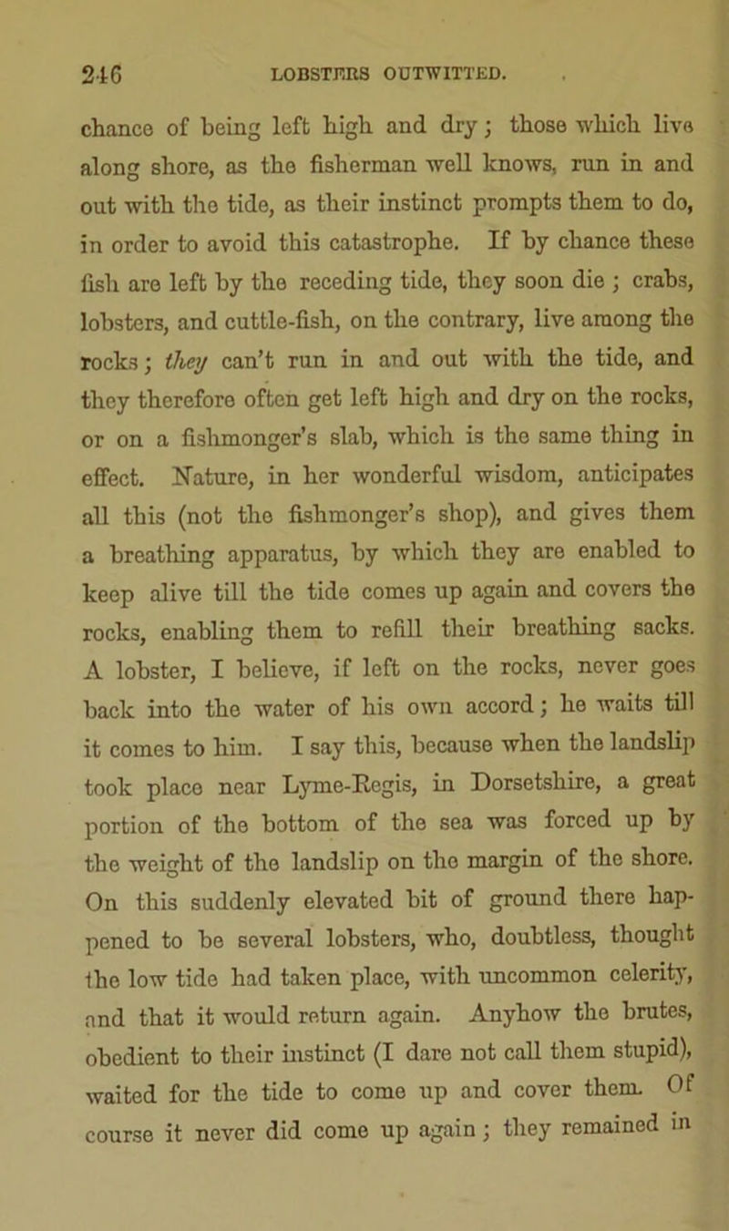 216 LOBSTERS OUTWITTED. chance of being left high and dry; those which live along shore, as the fisherman well knows, run in and out with the tide, as their instinct prompts them to do, in order to avoid this catastrophe. If by chance these fish are left by the receding tide, they soon die ; crabs, lobsters, and cuttle-fish, on the contrary, live among the rocks; they can’t run in and out with the tide, and they therefore often get left high and dry on the rocks, or on a fishmonger’s slab, which is the same thing in effect. Nature, in her wonderful wisdom, anticipates all this (not the fishmonger’s shop), and gives them a breathing apparatus, by which they are enabled to keep alive till the tide comes up again and covers the rocks, enabling them to refill their breathing sacks. A lobster, I believe, if left on the rocks, never goes back into the water of his own accord; he waits till it comes to him. I say this, because when the landslip took place near Lyme-Regis, in Dorsetshire, a great portion of the bottom of the sea was forced up by the weight of the landslip on the margin of the shore. On this suddenly elevated bit of ground there hap- pened to be several lobsters, who, doubtless, thought the low tide had taken place, with uncommon celerity, and that it would return again. Anyhow the brutes, obedient to their instinct (I dare not call them stupid), waited for the tide to como up and cover them. Of course it never did come up again; they remained m