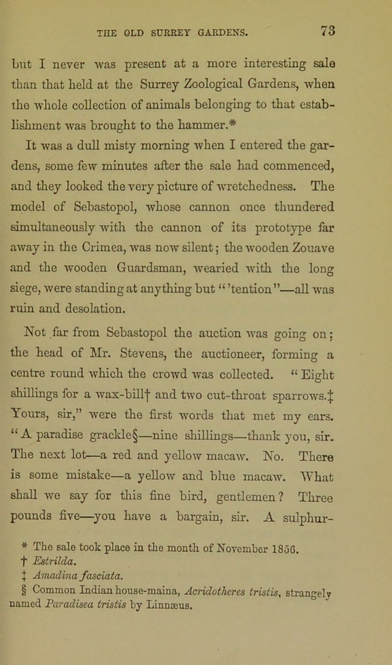 but I never was present at a more interesting sale than that held at the Surrey Zoological Gardens, when the whole collection of animals belonging to that estab- lishment was brought to the hammer.* * * § It was a dull misty morning when I entered the gar- dens, some few minutes after the sale had commenced, and they looked the very picture of wretchedness. The model of Sebastopol, whose cannon once thundered simultaneously with the cannon of its prototype far away in the Crimea, was now silent; the wooden Zouave and the wooden Guardsman, wearied with the long siege, were standing at anything but “ ’tention”—all was ruin and desolation. Not far from Sebastopol the auction was going on; the head of Mr. Stevens, the auctioneer, forming a centre round which the crowd was collected. “ Eight shillings for a wax-billf and two cut-throat sparrows. J Yours, sir,” were the first words that met my ears. “ A paradise grackle§—nine shillings—thank you, sir. The next lot—a red and yellow macaw. No. There is some mistake—a yellow and blue macaw. What shall we say for this fine bird, gentlemen? Three pounds five—you have a bargain, sir. A sulphur- * The sale took place in the month of November 1856. t Estrilda. 1 Amadina fasciata. § Common Indian house-maina, Acridothcres tristis, strangely named Paradisca tristis by Linnaeus.