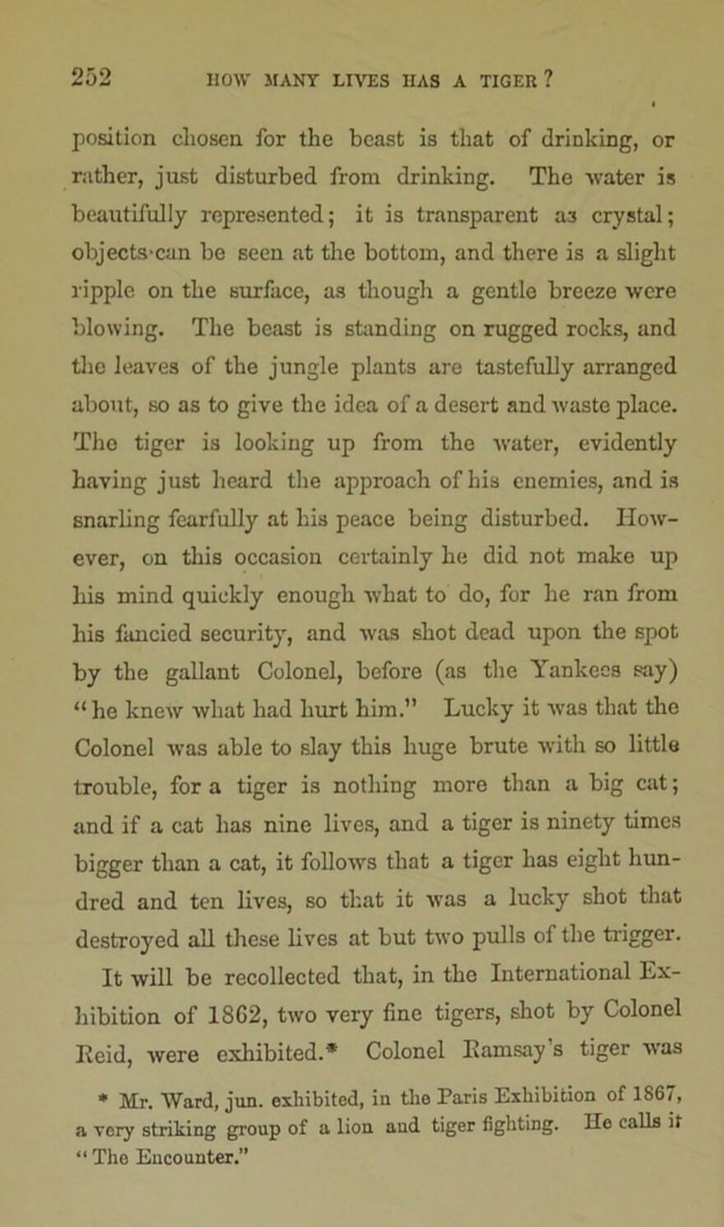 position cliosen for the beast is that of drinking, or rather, just disturbed from drinking. The water is beautifully represented; it is transparent as crystal; objectS'can be seen at the bottom, and there is a slight ripple on the surface, as though a gentle breeze were blowing. The beast is standing on rugged rocks, and the leaves of the jungle plants are tastefully arranged about, so as to give the idea of a desert and waste place. The tiger is looking up from the water, evidently having just heard the approach of his enemies, and is snarling fearfully at his peace being disturbed. How- ever, on this occasion certainly he did not make up bis mind quickly enough what to do, for he ran from his fancied security, and was shot dead upon the spot by the gallant Colonel, before (as the Yankees say) “he knew what had hurt him.” Lucky it was that the Colonel was able to slay this huge brute with so little trouble, for a tiger is nothing more than a big cat; and if a cat has nine lives, and a tiger is ninety times bigger than a cat, it follows that a tiger has eight hun- dred and ten lives, so that it was a lucky shot that destroyed all these lives at but two pulls of the trigger. It will be recollected that, in the International Ex- hibition of 1SG2, two very fine tigers, shot by Colonel Reid, were exhibited.* Colonel Ramsay’s tiger was * Mr. Ward, jun. exhibited, in the Paris Exhibition of 1867, a vory striking group of a lion and tiger fighting. He calls it “The Encounter.”