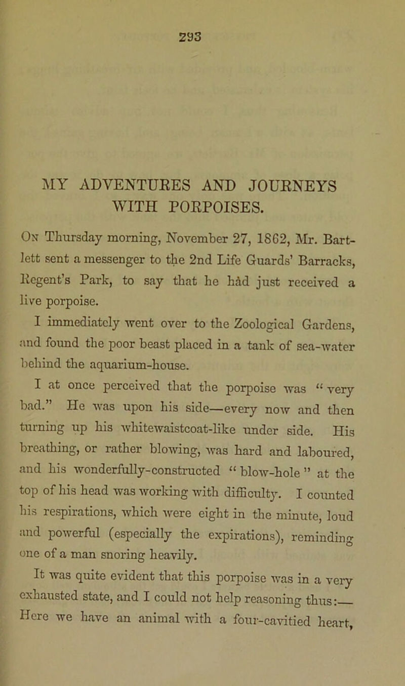 MY ADVENTURES AND JOURNEYS WITH PORPOISES. On Thursday morning, November 27, 1862, Mr. Bart- lett sent a messenger to the 2nd Life Guards’ Barracks, Regent’s Park, to say that he hid just received a live porpoise. I immediately went over to the Zoological Gardens, and found the poor beast placed in a tank of sea-water behind the aquarium-house. I at once perceived that the porpoise was lt very bad. ’ He was upon his side—every now and then turning up his wliitewaistcoat-like under side. His breathing, or rather blowing, was hard and laboured, and his wonderfully-constructed “ blow-hole ” at the top of his head was working with difficulty. I counted his respirations, which were eight in the minute, loud and powerful (especially the expirations), reminding one of a man snoring heavily. It was quite evident that this porpoise was in a very exhausted state, and I could not help reasoning thus: Here we have an animal with a four-cavitied heart,