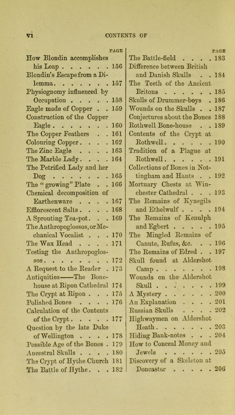 How Blondin accomplishes his Leap Blondin’s Escape from a Di- lemma Physiognomy influenced by Occupation Eagle made of Copper . . Construction of the Copper Eagle The Copper Eeathers . . Colouring Copper.... The Zinc Eagle .... The Marble Lady.... The Petrified Lady and her Dog The “ growing” Plate . . Chemical decomposition of Earthenware . . . . Efflorescent Salts.... A Sprouting Tea-pot. . . The Anthropoglossos, or Me- chanical Vocalist . . . The Wax Head . . . . Testing the Anthropoglos- sos A Bequest to the Eeader . Antiquities The Bonc- liouse at Eipon Cathedral The Crypt at Eipon . . . Polished Bones . . . . Calculation of the Contents of the Crypt Question by the late Duke of Wellington . . . . Possible Ago of the Bones . .Ancestral Skulls . . . . 'J’he Crypt of llytho Church The Battle of Ilythe. . . P.\GE The Battle-field . . . .183 Difference between British and Danish Skulls . .184 The Teeth of the Ancient Britons 185 Skulls of Drummer-boys . 186 Wounds on the Skulls . . 187 Conjectures about the Bones 188 Eothwell Bone-house . .189 Contents of the Crypt at Eothwell 190 Tradition of a Plague at Eothwell 191 Collections of Bones in Not- tingham and Hants . .192 Mortuary Chests at Win- chester Cathedral . . .193 The Eemains of Ivyncgils and Ethelwulf . . . .194 The Eemains of Kenulph and Egbert 195 The Mingled Eemains of Canute, Eufus, &c. . .196 The Eemains of Edred . .197 Skull found at Aldershot Camp 193 Wounds on the Aldershot SkuU 199 A Mystery 200 .A n Explanation . . . .201 Eussian Skulls .... 202 Highwaymen on Aldershot Heath 203 Hiding Bank-notes . . . 204 How to Conceal Money and Jewels 205 Discovery of a Skeleton at Doncaster 206 PAGE 156 157 158 159 160 161 162 163 164 165 166 167 168 169 170 171 172 173 174 175 176 177 178 179 180 181 182