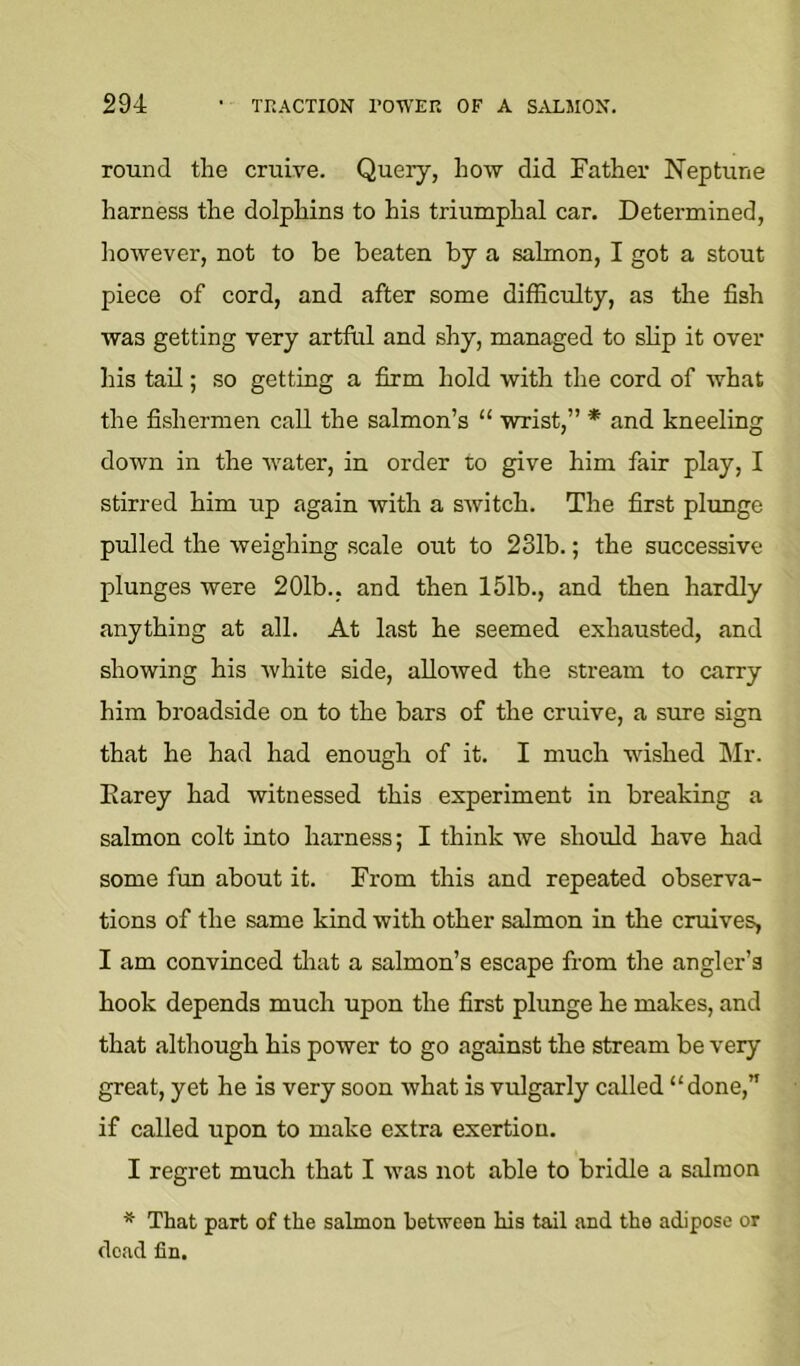 round the cruiye. Query, how did Father Neptune harness the dolphins to his triumphal car. Determined, however, not to be beaten by a salmon, I got a stout piece of cord, and after some difficulty, as the fish was getting very artfi.rl and shy, managed to slip it over his tail; so getting a firm hold with the cord of what the fishermen call the salmon’s “ wrist,” * and kneeling down in the water, in order to give him fair play, I stirred him up again with a switch. The first plunge pulled the weighing scale out to 231b.; the successive plunges were 201b., and then 151b., and then hardly anything at all. At last he seemed exhausted, and showing his white side, allowed the stream to carry him broadside on to the bars of the cruive, a sure sign that he had had enough of it. I much wished INIr. Earey had witnessed this experiment in breaking a salmon colt into harness; I think we should have had some fun about it. From this and repeated observa- tions of the same kind with other salmon in the cruives, I am convinced tlrat a salmon’s escape from the angler’s hook depends much upon the first plunge he makes, and that although his power to go against the stream be very great, yet he is very soon what is vulgarly called “done, if called upon to make extra exertion. I regret much that I was not able to bridle a salmon * That part of the salmon between his tail and the adipose or dead fin.