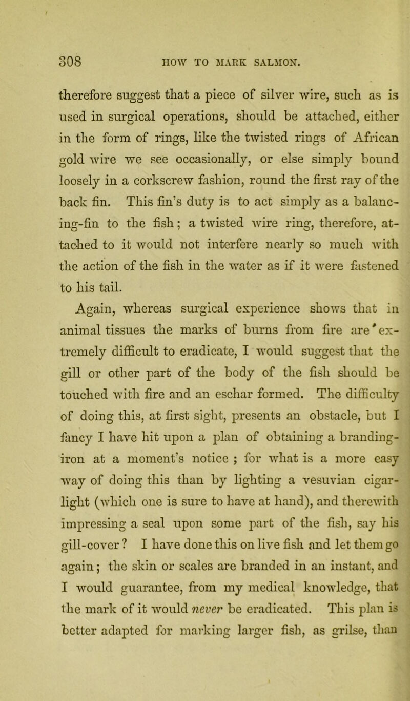 therefore suggest that a piece of silver wire, such as is used in surgical operations, should be attached, either in the form of rings, like the twisted rings of African gold wire we see occasionally, or else simply bound loosely in a corkscrew fashion, round the first ray of the back fin. This fin’s duty is to act simply as a balanc- ing-fin to the fish; a twisted Avire ring, therefore, at- tached to it would not interfere nearly so much with the action of the fish in the water as if it were fastened to his tail. Again, whereas surgical experience shoAvs that in animal tissues the marks of burns from fire are' ex- tremely difficult to eradicate, I Avould suggest that the gill or other part of the body of the fish should be touched Avith fire and an eschar formed. The difficulty of doing this, at first sight, presents an obstacle, but I fancy I have hit upon a plan of obtaining a branding- iron at a moment’s notice ; for Avhat is a more easy Avay of doing this than by lighting a A’^esuvian cigar- light (Avhich one is sure to have at hand), and thercAvith impressing a seal upon some part of the fish, say his gill-cover ? I have done this on live fish and let them go again; the skin or scales are branded in an instant, and I would guarantee, from my medical knoAvledge, that the mark of it Avould never bo eradicated. This plan is better adapted for marking larger fish, as grilse, than