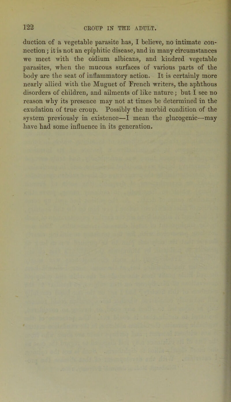 Auction of a vegetable parasite has, I believe, no intimate con- nection ; it is not an epiphitic disease, and in many circumstances we meet with the oidium albicans, and kindred vegetable parasites, when the mucous surfaces of various parts of the body are the seat of inflammatory action. It is certainly more nearly allied with the Muguet of French writers, the aphthous disorders of children, and ailments of like nature; but I see no reason why its presence may not at times be determined in the exudation of true croup. Possibly the morbid condition of the system previously in existence—I mean the glucogenic—may have had some influence in its generation.