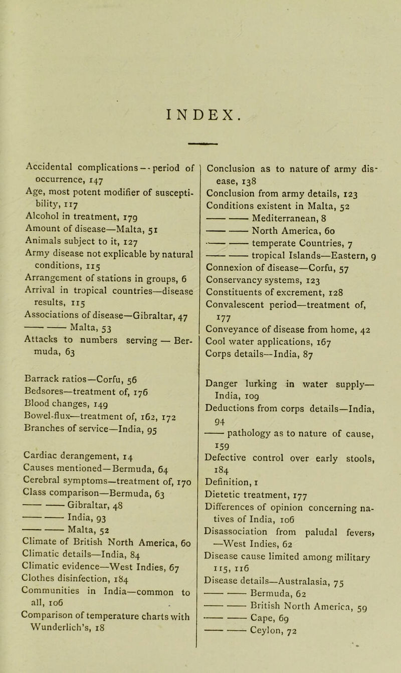 INDEX. Accidental complications--period of occurrence, 147 Age, most potent modifier of suscepti- bility, 117 Alcohol in treatment, 179 Amount of disease—Malta, 51 Animals subject to it, 127 Army disease not explicable by natural conditions, 115 Arrangement of stations in groups, 6 Arrival in tropical countries—disease results, 115 Associations of disease—Gibraltar, 47 Malta, 53 Attacks to numbers serving — Ber- muda, 63 Barrack ratios—Corfu, 56 Bedsores—treatment of, 176 Blood changes, 149 Bowel-flux—treatment of, 162, 172 Branches of service—India, 95 Cardiac derangement, 14 Causes mentioned—Bermuda, 64 Cerebral symptoms—treatment of, 170 Class comparison—Bermuda, 63 Gibraltar, 48 India, 93 Malta, 52 Climate of British North America, 60 Climatic details—India, 84 Climatic evidence—West Indies, 67 Clothes disinfection, 184 Communities in India—common to all, 106 Comparison of temperature charts with Wunderlich’s, 18 Conclusion as to nature of army dis- ease, 138 Conclusion from army details, 123 Conditions existent in Malta, 52 Mediterranean, 8 North America, 60 temperate Countries, 7 tropical Islands—Eastern, 9 Connexion of disease—Corfu, 57 Conservancy systems, 123 Constituents of excrement, 128 Convalescent period—treatment of, J77 Conveyance of disease from home, 42 Cool water applications, 167 Corps details—India, 87 Danger lurking in water supply— India, 109 Deductions from corps details—India, 94 pathology as to nature of cause, 159 Defective control over early stools, 184 Definition, r Dietetic treatment, 177 Differences of opinion concerning na- tives of India, 106 Disassociation from paludal fevers* —West Indies, 62 Disease cause limited among military 115, 116 Disease details—Australasia, 75 Bermuda, 62 British North America, 59 Cape, 69 Ceylon, 72