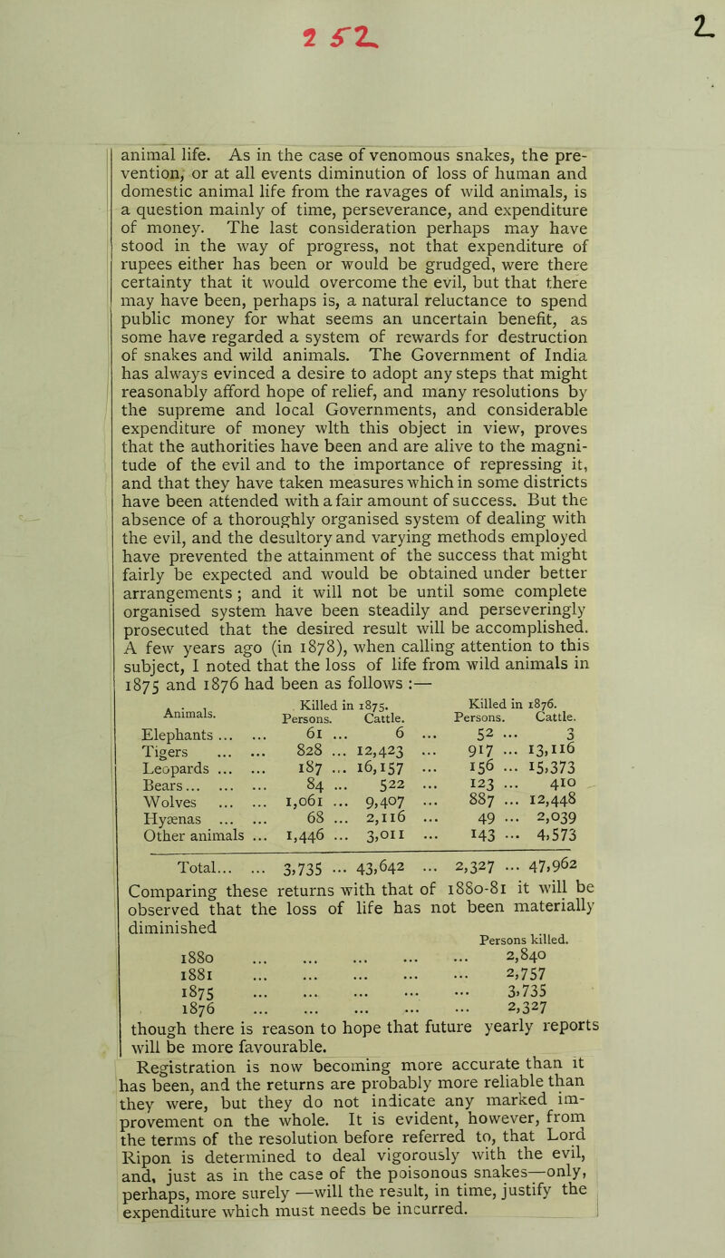 2 f Z. 2. animal life. As in the case of venomous snakes, the pre- vention, or at all events diminution of loss of human and domestic animal life from the ravages of wild animals, is a question mainly of time, perseverance, and expenditure of money. The last consideration perhaps may have stood in the way of progress, not that expenditure of rupees either has been or would be grudged, were there certainty that it would overcome the evil, but that there may have been, perhaps is, a natural reluctance to spend public money for what seems an uncertain benefit, as some have regarded a system of rewards for destruction of snakes and wild animals. The Government of India has always evinced a desire to adopt any steps that might reasonably afford hope of relief, and many resolutions by the supreme and local Governments, and considerable expenditure of money with this object in view, proves that the authorities have been and are alive to the magni- tude of the evil and to the importance of repressing it, and that they have taken measures which in some districts have been attended with a fair amount of success. But the absence of a thoroughly organised system of dealing with the evil, and the desultory and varying methods employed have prevented the attainment of the success that might fairly be expected and would be obtained under better arrangements ; and it will not be until some complete organised system have been steadily and perseveringly prosecuted that the desired result will be accomplished. A few years ago (in 1878), when calling attention to this subject, I noted that the loss of life from wild animals in 1875 and 1876 had been as follows :— Animals. Killed in 1875. Killed in 1876. Persons. Cattle. Persons. Cattle. Elephants 6l .. 6 ... 52 ... 3 Tigers 828 .. . 12,423 ••• 917 ... 13,116 Leopards 187 .. . 16,157 ... 156 -. 15,373 Bears 84 .. 522 ... 123 ... 410 Wolves I,o6l .. . 9,407 ... 887 ... 12,448 Hyaenas 68 .. . 2,116 ... 49 ... 2,039 Other animals ... 1,446 .. • 3,011 ••• 143 ... 4,573 Total 3,735 •• . 43,642 ... 2,327 ... 47,962 Comparing these returns with that of 1880-81 it will be observed that the loss of life has not been materially diminished Persons killed. 1880 1881 1875 1876 2,840 2,757 3,735 2,327 though there is reason to hope that future yearly reports will be more favourable. Registration is now becoming more accurate than it has been, and the returns are probably more reliable than they were, but they do not indicate any marked im- provement on the whole. It is evident, however, from the terms of the resolution before referred to, that Lord Ripon is determined to deal vigorously with the evil, and, just as in the case of the poisonous snakes—only, perhaps, more surely —will the result, in time, justify the expenditure which must needs be incurred.