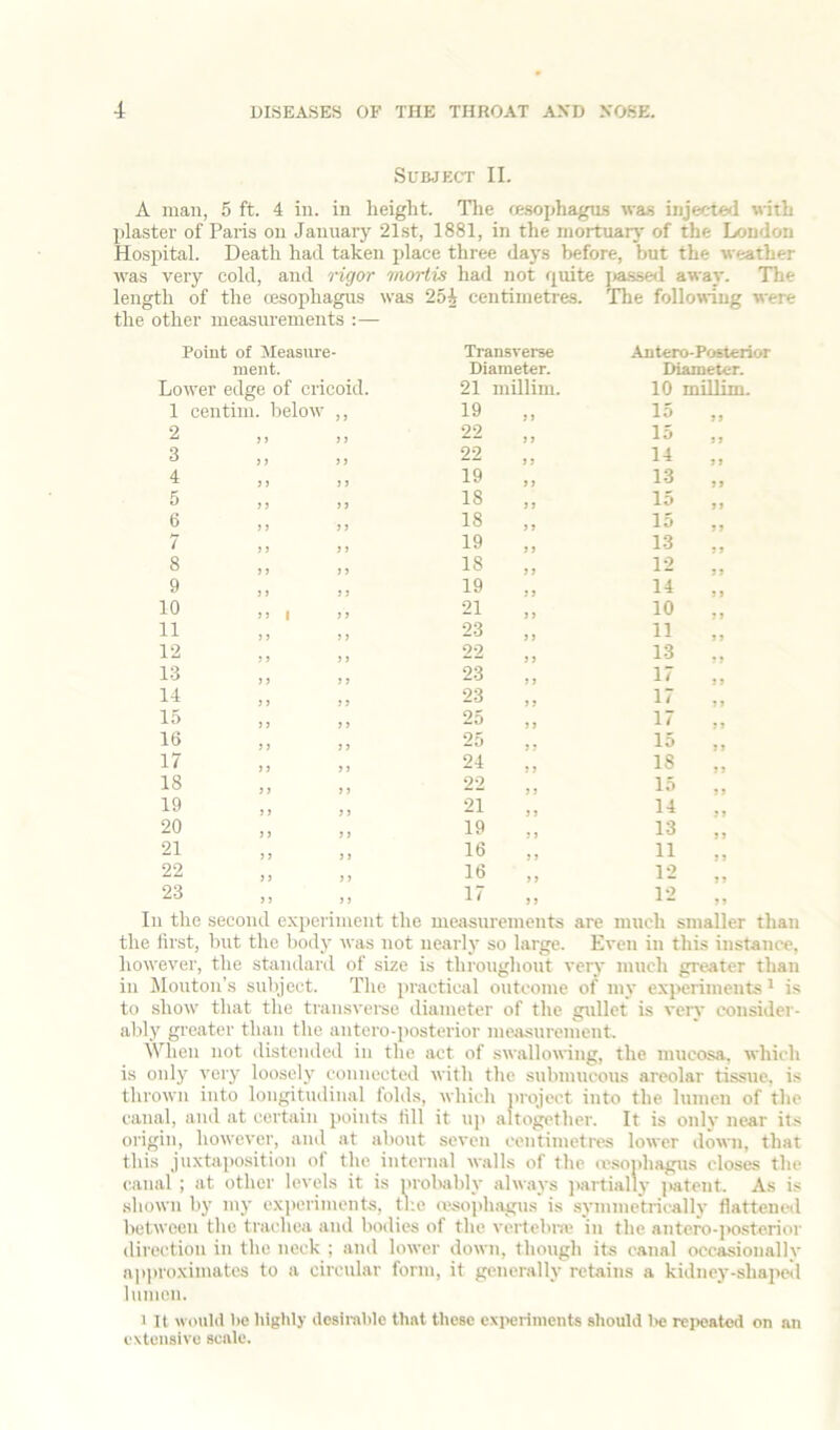 vSUBJECT II. A man, 5 ft. 4 in. in height. Tlie rasophagu-s was injected with plaster of Paris on January 21st, 1881, in the inortuarj' of the Loudon Hospital. Death had taken place three daj's before, but the weather was very cold, and rigor mortis had not quite i>a.sse<l away. The rth of the cesophagus was other measurements :— 25^ centimetres. The following were Point of Jleasure ment. Transverse Diameter. Antero-Posterior Diameter. Lower edge of cricoid. 21 millim. 10 miUim. 1 centim. below 3 3 19 } 3 15 33 2 > > 3 3 22 3 3 15 33 3 > > 3 3 22 3 3 14 3 3 4 J > 3 3 19 3 3 13 33 5 > ) 3 3 18 3 3 15 33 6 > J 3 3 18 3 3 15 33 7 J > 3 3 19 3 3 13 33 8 > 1 3 3 18 3 3 12 33 9 1 } 3 3 19 3 3 14 33 10 1 3 3 21 3 3 10 3 3 11 5 > 3 3 23 3 3 11 3 3 12 J ) 3 3 22 3 3 13 33 13 J ) 3 3 23 3 3 17 3 3 14 3 3 3 3 23 3 3 17 33 15 3 3 3 3 25 3 3 17 33 16 3 3 3 3 25 3 3 15 3 3 17 3 3 3 3 24 3 3 18 33 18 3 3 3 3 22 3 3 15 ) ) 19 3 3 3 3 21 33 14 3 3 20 3 3 3 3 19 3 3 13 33 21 3 3 3 3 16 3 3 11 3 3 22 3 3 3 3 16 3 3 12 33 23 3 3 3 3 17 3 3 12 33 In the second e.vpcrinient the measurements are much smaller than the first, hut the l)ody was not nearly so large. Even in this instance, however, the standard of size is througliout very much greater than in Mouton’s subject. The practical outcome of my exi>eriinents * i.s to show that the transveise diameter of the gullet is very consider- ably greater than the antero-]iosterior measurement. When not distended in tlie act of .swallowing, the mucosa, which is only very loosely connected with the submucous areolar tissue, is thrown into loiigitudinal folds, which project into the lumen of the canal, and at certain points till it up altogether. It is onlv near it.s origin, however, and at about seven centimetres lower down, that this juxtapo.sitiou of the internal walls of the (esophagus closes the (aiual ; at other levels it is probably always )>artiallv ]>atent. As is shown Ity my experiments, the <eso]diagus is symmetrically flattened between the trachea and bodies of the vertebne in the antero-i>o.sterior direction in the neck ; and lower down, though its canal occasionally approximates to a circular form, it generally retains a kidney-shaped lumen. 1 It would be highly desirnhle that these exi>erinients should lie rciwatod on an extensive scale.