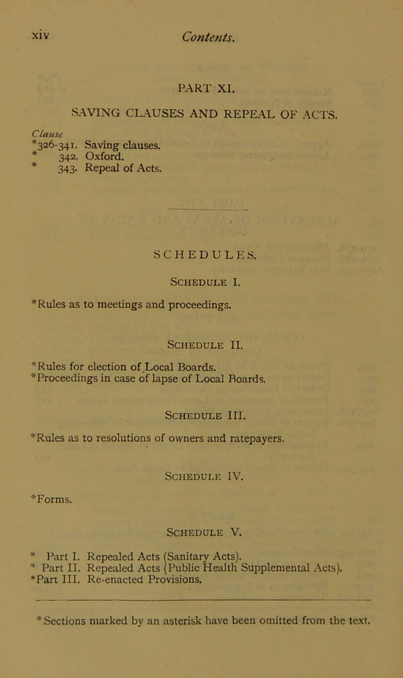 PART XI. SAVING CLAUSES AND REPEAL OF ACTS. Clause *326-341. Saving clauses. * 342. Oxford. * 343. Repeal of Acts. SCHEDULES. Schedule I. * Rules as to meetings and proceedings. Schedule II. Rules for election of Local Boards. * Proceedings in case of lapse of Local Roards. Schedule III. Rules as to resolutions of owners and ratepayers. Schedule IV. * For ms. Schedule V. * Part I. Repealed Acts (Sanitary Acts). * Part II. Repealed Acts (Public Health Supplemental Acts). ‘Part III. Re-enacted Provisions.