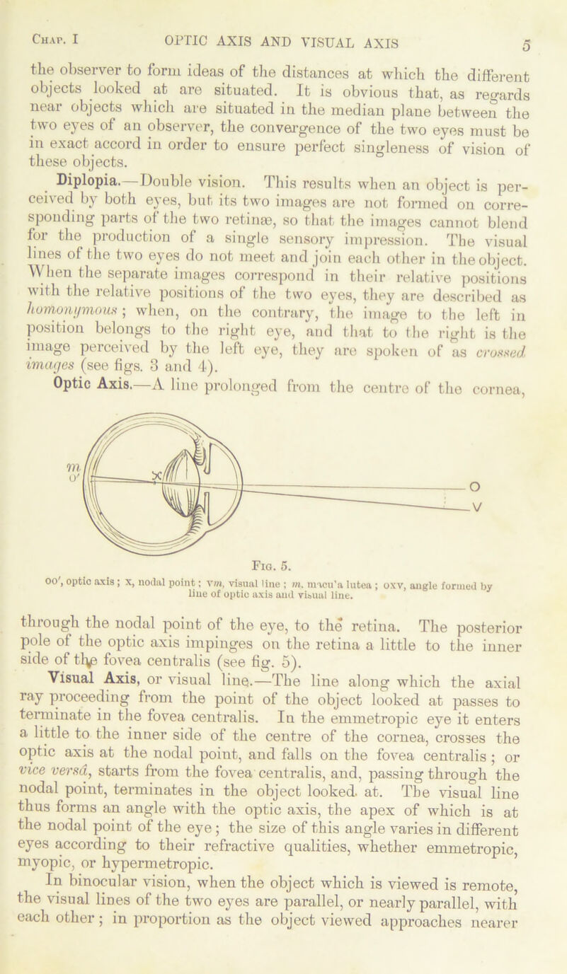 the observer to form ideas of the distances at which the different objects looked at are situated. It is obvious that, as regards near objects which are situated in the median plane between the two eyes of an observer, the convergence of the two eyes must be in exact accord in order to ensure perfect singleness of vision of these objects. Diplopia. Double vision. This results when an object is per- ceived by both eyes, but its two images are not formed on corre- sponding parts of the two retinae, so that the images cannot blend for the production of a single sensory impression. The visual lines of the two eyes do not meet and join each other in the object. When the separate images correspond in their relative positions with the relative positions of the two eyes, they are described as humoni/mous; when, on the contrary, the image to the left in position belongs to the right eye, and that to the right is the image perceived by the left eye, they are spoken of as crowed images (see figs. 3 and 4). Optic Axis.—A line prolonged from the centre of the cornea, oo', optic axis; x, nodal point; v»i, visual line ; m. raacu’a lutea ; oxv, angle formed by line of optic axis aud visual line. tin ough the nodal point of the eye, to the retina. The posterior pole of the optic axis impinges on the retina a little to the inner side of ttys fovea centralis (see fig. 5). Visual Axis, or visual line.—The line along which the axial ray proceeding from the point of the object looked at passes to terminate in the fovea centralis. In the emmetropic eye it enters a little to the inner side of the centre of the cornea, crosses the optic axis at the nodal point, and falls on the fovea centralis ; or vice versa, starts from the fovea centralis, and, passing through the nodal point, terminates in the object looked, at. The visual line thus forms an angle with the optic axis, the apex of which is at the nodal point of the eye; the size of this angle varies in different eyes according to their refractive qualities, whether emmetropic, myopic, or hypermetropic. In binocular vision, when the object which is viewed is remote the visual lines of the two eyes are parallel, or nearly parallel, with each other; in proportion as the object viewed approaches nearer