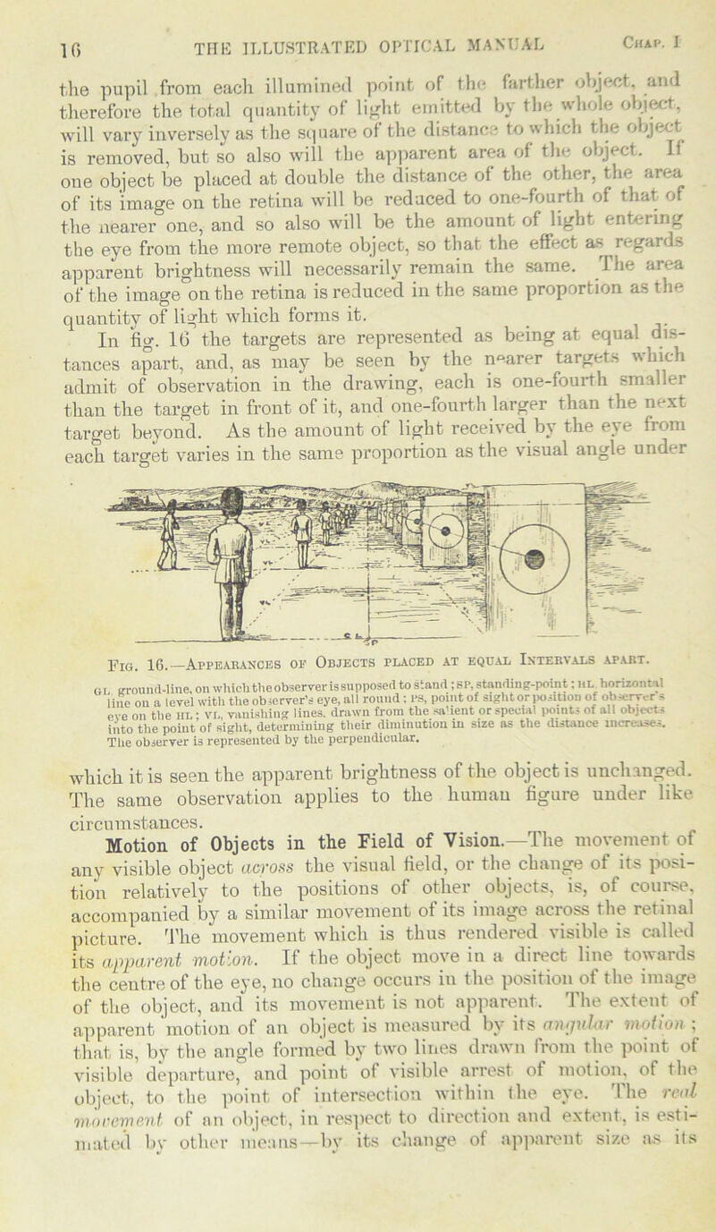 the pupil from each illumined point of the farther object, and therefore the total quantity of light emitted by the whole object, will vary inversely as the square of the distance to which the object is removed, but so also will the apparent area of the object. If one object be placed at double the distance of the other, the area of its image on the retina will be reduced to one-fourth of that of the nearer one, and so also will be the amount of light entering the eye from the more remote object, so that the effect as regards apparent brightness will necessarily remain the same. The area of the image on the retina is reduced in the same proportion as the quantity of light which forms it. In fig. 16 the targets are represented as being at equal dis- tances apart, and, as may be seen by the nearer targets which admit of observation in the drawing, each is one-fourth smaller than the target in front of it, and one-fourth larger than the next target beyond. As the amount of light received by the eye from each target varies in the same proportion as the visual angle under 16. Appearances of Objects placed at equal Intervals apart. gi. wound-line, on which the observer is supposed to stand ;sp, standing-point; HL_ horizontal line on a level with the obierver’s eye, all round; PS, point of sight or position of observer s eve on the iil • vr., vanishing lines, drawn from the sa'ient or special points ot all objects into the point of sight, determining their diminution in size as the distance increases. The observer is represented by the perpendicular. which it is seen the apparent brightness of the object is unchanged. The same observation applies to the human figure under like circumstances. Motion of Objects in the Field of Vision.—The movement of any visible object across the visual field, or the change of its posi- tion relatively to the positions of other objects, is, of course, accompanied by a similar movement of its image across the retinal picture. The movement which is thus rendered visible is called its apparent motion. If the object move in a direct line towards the centre of the eye, no change occurs in the position of the image of the object, and its movement is not apparent. The extent of apparent motion of an object is measured by its aiujvhu motion . that is, by the angle formed by two lines drawn from the point of visible departure, and point of visible arrest of motion, of the object, to the point of intersection within Ihe eye. The real movement of an object, in respect to direction and extent, is esti- mated by other means—by its change of apparent size as its