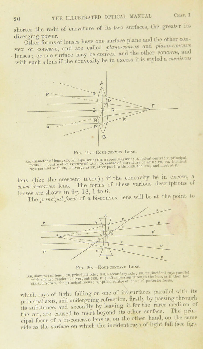 shorter the radii of curvature of its two surfaces, the greater its dl' Other forms of lenses have one surface plane and the other con- vex or concave, and are called plano-convex and plaiw-conxare ■ lenses; or one surface may be convex and the other concave, an with such a lens if the convexity be in excess it is styled a lens (like the crescent moon); if the concavity be in excess, a concavo-convex lens. The forms of these various descriptions ot lenses are shown in fig. 18, 1 to 6, . , . The principal focus of a bi-convex lens will be at the point t< ab, diameter of lens ; cn prlnd,»l axis; ssuas a^. - =• —ri°r which rays of light falling on one of its surfaces parallel with its principal axis, and undergoing refraction, firstly by passing through its substance, and secondly by leaving it for the rarer medium of the air, are caused to meet beyond its other surface. The prin- cipal focus of a bi-concave lens is, on the other hand, on the same side as the surface on which the incident rays of light fall (see figs.