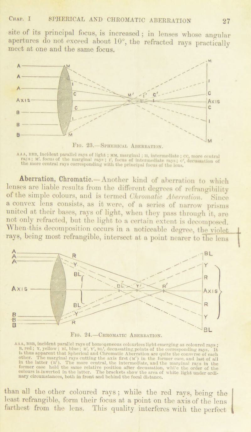 site of its principal focus, is increased ; in lenses whose angular apertures do not exceed about 10°, the refracted rays practically meet at one and the same focus. AAA, nun, incident parallel rays of light ; mm, marginal ; n, intermediate ; cc, more central rays; M. focus of the marginal rays; i', focus of Intermediate rays; c', decussation of the more central rays corresponding with the principal focus of the icus. Aberration, Chromatic.— Another kind of aberration to which lenses are liable results from the different degrees of refrangibility of the simple colours, and is termed Chromatic Aberration. Since a convex lens consists, as it were, of a series of narrow prisms united at their bases, rays of light, when they pass through it, are not only refracted, but the light to a certain extent is decomposed. When this decomposition occurs in a noticeable degree, the violet rays, being most refrangible, intersect at a point nearer to the lens aaa, bub, incident parallel rays of homogeneous colourless light emerging as coloured rays; B, red ; y, yellow ; Bl, blue; r', y', bi,', decussating,points of the corresponding rays. It is thus apparent that Spherical and Chromatic Aberration are quite the converse of each other. The marginal rays cutting the axis first (m') in the former case, and last of all in the latter (R'). The more central, the intermediate, and the marginal ravs in the former case hold the same relative position after decussation, whi’e the order of the colours is inverted in the latter. The brackets show the area of white light under ordi- nary circumstances, both in front and behind the focal distance. than all tbe other coloured rays ; while the red rays, being the least refrangible, form their focus at a point on the axis of the lens farthest from the lens. This quality interferes with the perfect