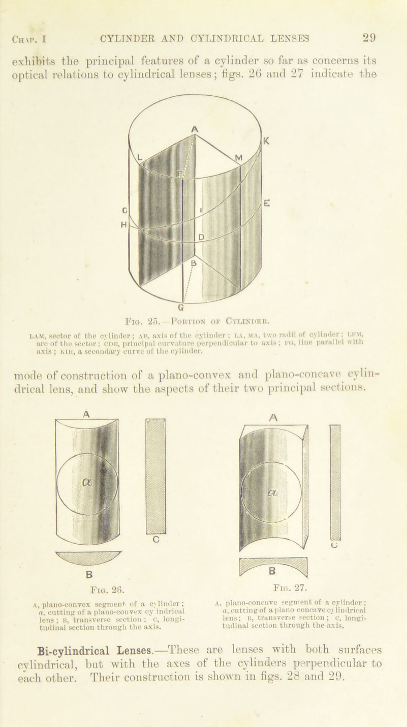 exhibits the principal features of a cylinder so far as concerns its optical relations to cylindrical lenses; tigs. 26 and 27 indicate the la M, sector of the cylinder; ah, ox is of the cylinder ; i.a, ma, two radii of cylinder; i.fm, arc of the sector; cdk, principal curvature perpendicular to axis; ri>, line parallel with axis ; kui, a secondary curve of the cylinder. mode of construction of a plano-convex and plano-concave cylin- drical lens, and show the aspects of their two principal sections. A, plano-convex segment of a c?Under; a. cutting of a plano-convex cy indricat lens ; b, transverse section ; c, longi- tudinal section through the axis. A, plano-concave segment of a cylinder; rr, cutting of a piano concave cylindrical lens; b, transverse section; c, longi- tudinal section through the axis. Bi-cylindrical Lenses.—These are lenses with both surfaces cylindrical, but with the axes of the cylinders perpendicular to each other. Their construction is shown in figs. 28 and 29.