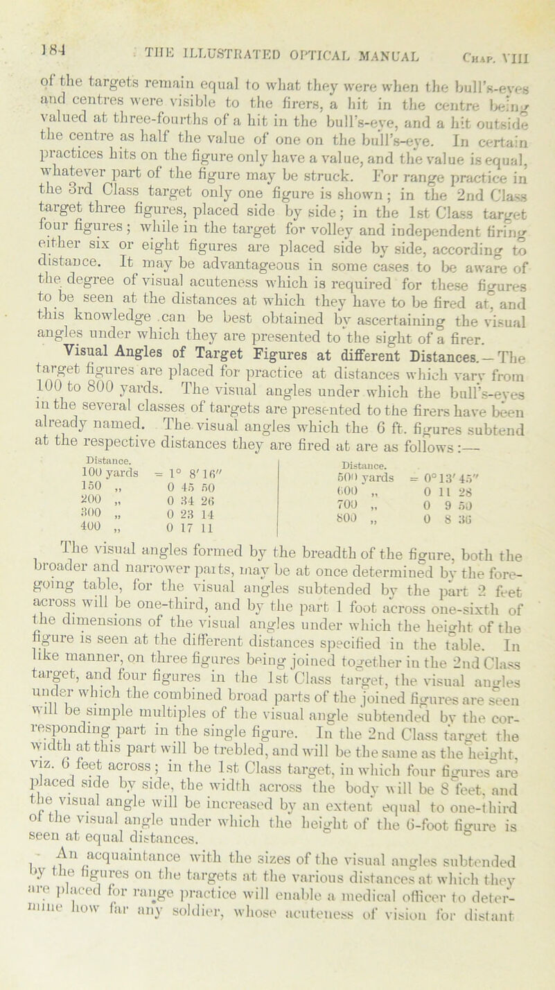 18-1 of the targets remain equal to what they were when the bull’s-eves and centres were visible to the fivers, a hit in the centre bein' valued at three-fourths of a hit in the bull’s-eye, and a hit outside the centre as half the value of one on the bull’s-eye. In certain practices hits on the figure only have a value, and the value is equal, whatever part of the figure may be struck. For range practice in the 3rd Class target only one figure is shown; in the 2nd Class target three figures, placed side by side; in the 1st Class target oui figures ; while in the target for volley and independent firing eitliei six or eight figures are placed side by side, according to distance. It may be advantageous in some cases to be aware of the degree of visual acuteness which is required for these figures to be seen at the distances at which they have to be fired at, and s knov ledne can be best obtained by ascertaining the visual angles under which they are presented to'the sight of a firer. Visual Angles of Target Figures at different Distances.-The target figures are placed for practice at distances which varv from 100 to 800 yards. The visual angles under which the bull’s-eyes in the several classes of targets are presented to the firers have been already named. The visual angles which the 6 ft, figures subtend at the respective distances they are fired at are as follows: Distance. 100 yards =1° 8'lfi 150 „ 0 45 50 *00 „ 0 34 2(> 300 „ 0 23 14 400 „ 0 17 11 Distance. 500 yards =0°13'45 000 ‘ „ 0 11 28 700 „ 0 9 50 S00 „ 0 8 3G The visual angles formed by the breadth of the figure, both the broader and narrower parts, may be at once determined by the fore- going table, for the visual angles subtended bv the part 2 feet across will be one-third, and by the part 1 foot across one-sixth of the dimensions of the visual angles under which the height of the figure is seen at the different distances specified in the table. In like manner, on three figures being joined together in the 2nd Class target, and four figures in the 1st Class target, the visual amdes under which the combined broad parts of the joined figures are seen will be simple multiples of the visual angle subtended bv the cor- responding part m the single figure. In the 2nd Class target the width at this part will be trebled, and will be the same as the height, \ iz. eet acioss; in the 1st Class target, in which four figures are placed side by side, the width across (he body will be 8 feet, and tlie visual angle will be increased by an extent equal to one-lhird ot the visual angle under which the height of the 6-foot figure is seen at equal distances. l acquaAntance with the sizes of the visual angles subtended >y the figures on the targets at the various distances at which they are placed for range practice will enable a medical officer to deter- mine how far any soldier, whose acuteness of vision for distant