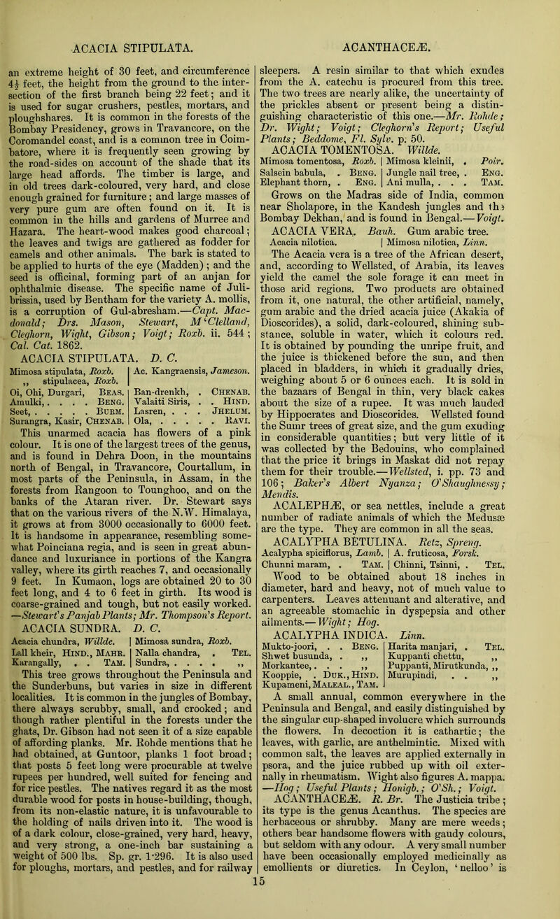 ACACIA STIPULATA. ACANTHACEAE. an extreme height of 30 feet, and circumference feet, the height from the ground to the inter- section of the first branch being 22 feet; and it is used for sugar crushers, pestles, mortars, and ploughshares. It is common in the forests of the Bombay Presidency, grows in Travancore, on the Coromandel coast, and is a common tree in Coim- batore, where it is frequently seen growing by the road-sides on account of the shade that its large head affords. The timber is large, and in old trees dark-coloured, very hard, and close enough grained for furniture; and large masses of very pure gum are often found on it. It is common in the hills and gardens of Murree and Hazara. The heart-wood makes good charcoal; the leaves and twigs are gathered as fodder for camels and other animals. The bark is stated to be applied to hurts of the eye (Madden) ; and the seed is officinal, forming part of an anjan for ophthalmic disease. The specific name of Juli- brissia, used by Bentham for the variety A. mollis, is a corruption of Gul-abresham.—Capt. Mac- donald; Drs. Mason, Stewart, McClelland, Cleghorn, Wight, Gibson; Voigt; Roxb. ii. 544 ; Cal. Cat. 1862. ACACIA STIPULATA. D. C. Mimosa stipulata, Roxb. ,, stipulacea, Roxb. Oi, Ohi, Durgari, Beas. Amulki,.... Beng. Seet, Burm. Surangra, ICasir, Chenab. Ac. Kangraensis, Jameson. Ban-drenkh, . Chenab. Yalaiti Siris, . . Hind. Lasren, . . . Jhelum. Ola, Ravi. This unarmed acacia has flowers of a pink colour. It is one of the largest trees of the genus, and is found in Dehra Doon, in the mountains north of Bengal, in Travancore, Courtallum, in most parts of the Peninsula, in Assam, in the forests from Rangoon to Tounghoo, and on the banks of the Ataran river. Dr. Stewart says that on the various rivers of the N.W. Himalaya, it grows at from 3000 occasionally to 6000 feet. It is handsome in appearance, resembling some- what Poinciana regia, and is seen in great abun- dance and luxuriance in portions of the Kangra valley, where its girth reaches 7, and occasionally 9 feet. In Kumaon, logs are obtained 20 to 30 feet long, and 4 to 6 feet in girth. Its wood is coarse-grained and tough, but not easily worked. —Stewart's Panjab Plants; Mr. Thompson's Report. ACACIA SUNDRA. D. C. Acacia chundra, Willde. | Mimosa sundra, Roxb. Lall kheir, Hind., Mahr. I Nalla chandra, . Tel. Karangally, . . Tam. | Sundra, .... ,, This tree grows throughout the Peninsula and the Sunderbuns, but varies in size in different localities. It is common in the jungles of Bombay, there always scrubby, small, and crooked; and though rather plentiful in the forests under the ghats, Dr. Gibson had not seen it of a size capable of affording planks. Mr. Rohde mentions that he had obtained, at Guutoor, planks 1 foot broad; that posts 5 feet long were procurable at twelve rupees per hundred, well suited for fencing and for rice pestles. The natives regard it as the most durable wood for posts in house-building, though, from its non-elastic nature, it is unfavourable to the holding of nails driven into it. The wood is of a dark colour, close-grained, very hard, heavy, and very strong, a one-inch bar sustaining a weight of 500 lbs. Sp. gr. 1‘296. It is also used for ploughs, mortars, and pestles, and for railway sleepers. A resin similar to that which exudes from the A. catechu is procured from this tree. The two trees are nearly alike, the uncertainty of the prickles absent or present being a distin- guishing characteristic of this one.—Mr. Rohde; Dr. Wight; Voigt; Cleghorn's Report; Useful Plants; Beddome, FI. Sylv. p. 50. ACACIA TOMENTOSA. Willde. Mimosa tomentosa, Roxb. \ Mimosa kleinii, . Poir. Salsein babula, . Beng. I Jungle nail tree, . Eng. Elephant thorn, . Eng. | Ani mulla, . . . Tam. Grows on the Madras side of India, common near Sholapore, in the Kandesh jungles and Ihi Bombay Dekhan, and is found in Bengal.— Voigt. ACACIA VERA.. Bauli. Gum arabic tree. Acacia nilotica. | Mimosa nilotica, Linn. The Acacia vera is a tree of the African desert, and, according to Wellsted, of Arabia, its leaves yield the camel the sole forage it can meet in those arid regions. Two products are obtained from it, one natural, the other artificial, namely, gum arabic and the dried acacia juice (Akakia of Dioscorides), a solid, dark-coloured, shining sub- stance, soluble in water, which it colours red. It is obtained by pounding the unripe fruit, and the juice is thickened before the sun, and then placed in bladders, in which it gradually dries, weighing about 5 or 6 ounces each. It is sold in the bazaars of Bengal in thin, very black cakes about the size of a rupee. It was much lauded by Hippocrates and Dioscorides. AVellsted found the Sumr trees of great size, and the gum exuding in considerable quantities; but very little of it was collected by the Bedouins, who complained that the price it brings in Maskat did not repay them for their trouble.—Wellsted, i. pp. 73 and 106; Baker's Albert Nyanza; O'Shaughnessy; Mendis. ACALEPHiE, or sea nettles, include a great number of radiate animals of which the Medusas are the type. They are common in all the seas. ACALYPHA BETULINA. Retz, Sprang. Acalypha spiciflorus, Lamb. | A. fruticosa, Forsk. Chunni maram, . Tam. | Cliinni, Tsinni, . Tel. Wood to be obtained about 18 inches in diameter, hard and heavy, not of much value to carpenters. Leaves attenuant and alterative, and an agreeable stomachic in dyspepsia and other ailments.— Wight; Hog. ACALYPHA IN DICA. Mukto-joori, . . Beng. Shwet busunda, . ,, Morkantee,... ,, Kooppie, . Ddk.,Hind. Kupameni, Maleal., Tam. Linn. Harita manjari, . Tel. Kuppanti chettu, ,, Puppanti, Mirutkunda, ,, Murupindi, . . ,, A small annual, common everywhere in the Peninsula and Bengal, and easily distinguished by the singular cup-shaped involucre which surrounds the flowers, in decoction it is cathartic; the leaves, with garlic, are anthelmintic. Mixed with common salt, the leaves are applied externally in psora, and the juice rubbed up with oil exter- nally in rheumatism. Wight also figures A. mappa. —Hog ; Useful Plants; Honigb.; O'Sh.; Voigt. ACANTHACEAB. R. Br. The Justicia tribe; its type is the genus Acanthus. The species are herbaceous or shrubby. Many are mere weeds; others bear handsome flowers with gaudy colours, but seldom with any odour. A very small number have been occasionally employed medicinally as emollients or diuretics. In Ceylon, ‘ nelloo ’ is