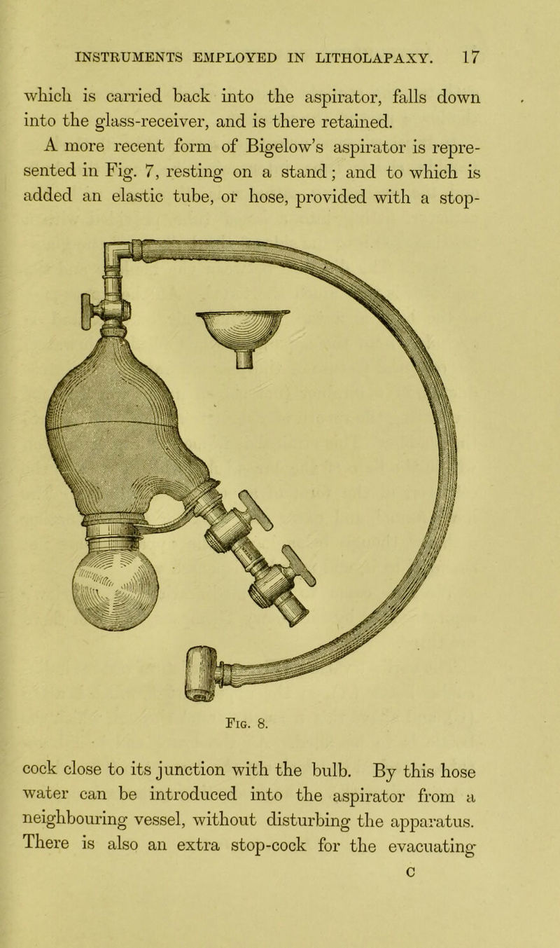 which is carried back mto the aspirator, falls down into the glass-receiver, and is there retained. A more recent form of Bigelow’s aspirator is repre- sented in Fig. 7, resting on a stand; and to which is added an elastic tube, or hose, provided with a stop- Fig. 8. cock close to its junction with the bulb. By this hose water can be introduced into the aspirator from a neighbouring vessel, without disturbing the apparatus. There is also an extra stop-cock for the evacuating*