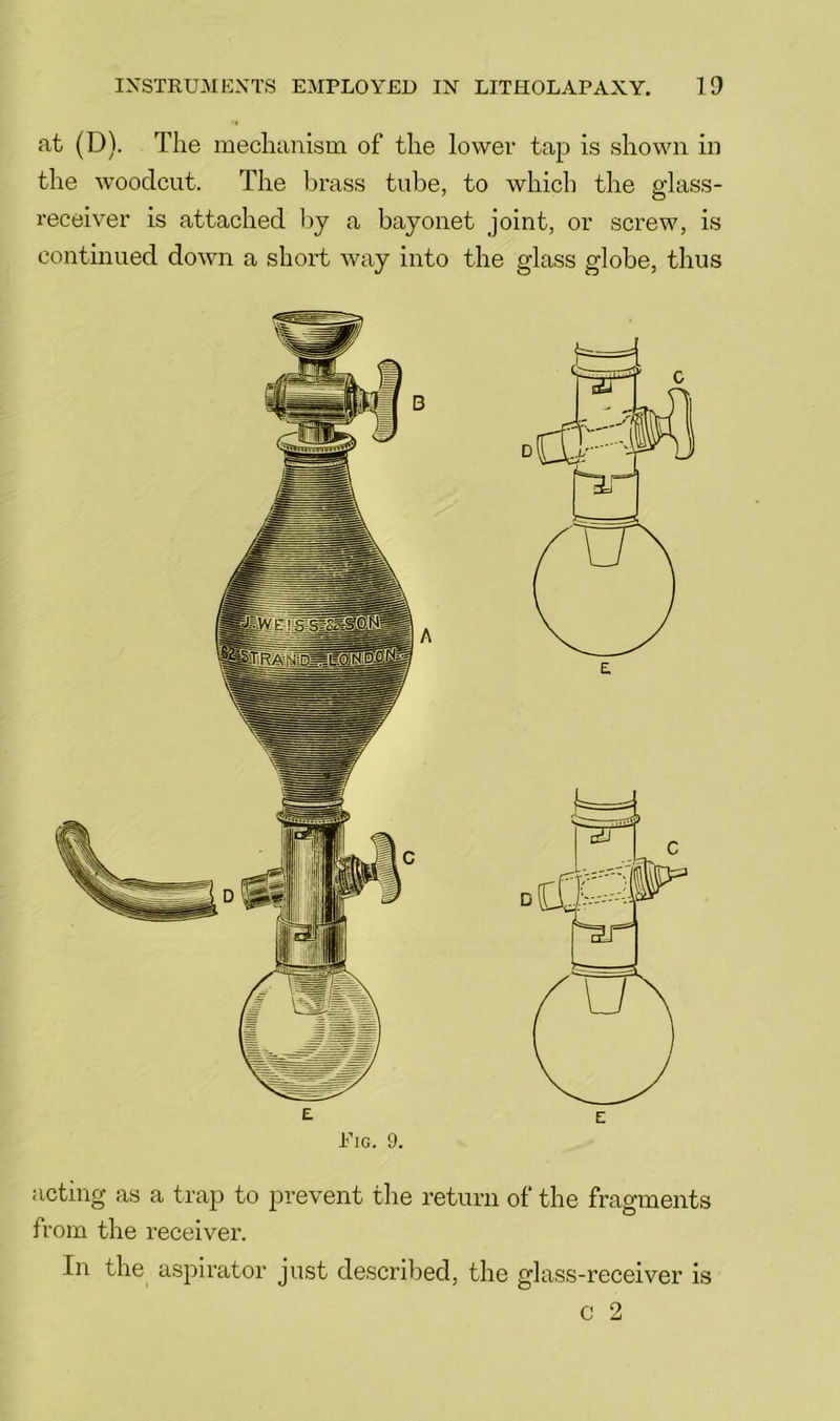 at (D). The mechanism of the lower tap is shown in the woodcut. The brass tube, to which the glass- receiver is attached by a bayonet joint, or screw, is continued down a short way into the glass globe, thus acting as a trap to prevent the return of the fragments from the receiver. In the^ aspirator just described, the glass-receiver is