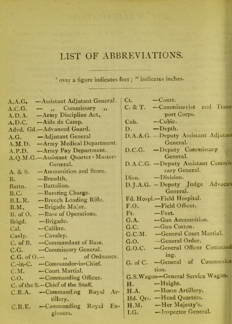 ' over a figure indicates feet;  indicates inches. A.A.G. —Assistant Adjutant General. A.C.G. — ,, Commissary „ A.D.A. —Army Discipline Act. A.D.C. —Aide de Camp. Advd. Gd.—Advanced Guard. A.G. —Adjutant General A.M.D. —Army Medical Department. A.P.D. —Army Pay Department. A.Q.M.G.—Assistant Quarter- Master- General. A. & S. —Ammunition and Store. B. —Breadth. Battn. —Battalion. B.C. —Bursting Charge. B.L.R. —Breech Loading Rifle. B.M. —Brigade Major. B. of O. —Base of Operations. Brigd. ■—Brigade. Cal. —Calibre. Cavly. —Cavalry. C. of B. —Commandant of Base. C.G. —Commissary General. C-G. of O.— „ of Ordnance. C.-in-C. —Commandcr-in-Chicf. C.M. —Court Martial. C.o. —Commanding Officer. C. of the S.—Chief of the Staff. C.R.A. •—Commanding Royal Ar- tillery. C.R.E. —Commanding Royal En- gineers. Ct. —Court. C. & T. ■—Commissariat and Trans- port Corps. Cub. —Cubic. D. —Depth. D.A.A.G. —Deputy Assistant Adjutant General. D.C.G. —Deputy' Commissary General. D.A.C.G. —Deputy Assistant Commis- sary General. Divn. —Division. D.J.A.G. —Deputy Judge Advocafi General. Fd. Hospl.—Field Hospital. F. O. —Field Officer. Ft. —Feet. G. A. —Gun Ammunition. G.C. —Gun Cotton. G.C.M. —General Court Martial. G.O. —General Order. G.O.C. —General Officer Command ing. G. of C. —General of Comnninica tion. G. SAVagon—General Service Wagon. H. —Height. H.A. —Horse Artillery. Hd. Qrs. —Head Quarters. H. M. —Her Majesty’s. I. G. —Inspector General.