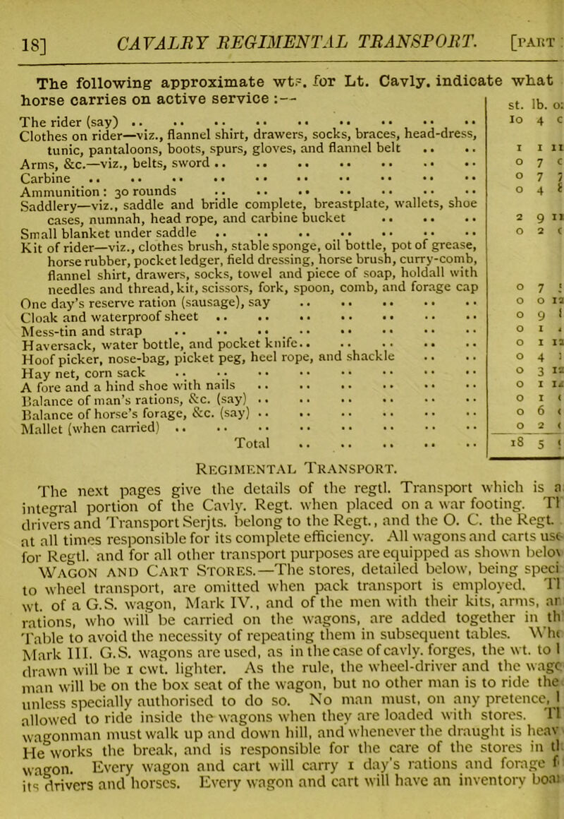 18] CAVALRY REGIMENTAL TRANSPORT. [part The following approximate wt?. for Lt. Cavly. indicate what horse carries on active service :— The rider (say) • • ■ • Clothes on rider—viz., flannel shirt, drawers, socks, braces, head-dress, tunic, pantaloons, boots, spurs, gloves, and flannel belt .. .. Arms, &c.—viz., belts, sword Carbine Ammunition: 30 rounds • • Saddlery—viz., saddle and bridle complete, breastplate, wallets, shoe cases, numnah, head rope, and carbine bucket Small blanket under saddle Kit of rider—viz., clothes brush, stable sponge, oil bottle, pot of grease, horse rubber, pocket ledger, field dressing, horse brush, curry-comb, flannel shirt, drawers, socks, towel and piece of soap, holdall with needles and thread, kit, scissors, fork, spoon, comb, and forage cap One day’s reserve ration (sausage), say Cloak and waterproof sheet Mess-tin and strap Haversack, water bottle, and pocket knife Hoof picker, nose-bag, picket peg, heel rope, and shackle Hay net, corn sack .. • • A fore and a hind shoe with nails Balance of man’s rations, &c. (say) .. .. •• Balance of horse’s forage, &c. (say) Mallet (when carried) Regimental Transport. The next pages give the details of the regtl. Transport which is a integral portion of the Cavly. Regt. when placed on a war footing. Tf drivers and Transport Serjts. belong to the Regt., and the O. C. the Regt. at all times responsible for its complete efficiency. All wagons and carts use for Regtl. and for all other transport purposes are equipped as shown belo\ Wagon and Cart Stores.—The stores, detailed below, being sped to wheel transport, are omitted when pack transport is employed. T1 wt. of a G.S. wagon, Mark IV., and of the men with their kits, arms, ar rations, who wili be carried on the wagons, are added together in th Table to avoid the necessity of repeating them in subsequent tables. Whr Mark III. G.S. wagons are used, as in the case of cavly. forges, the wt. to I drawn will be x cwt. lighter. As the rule, the wheel-driver and the wage man will be on the box seat of the wagon, but no other man is to ride the unless specially authorised to do so. No man must, on any pretence, 1 allowed to ride inside the wagons when they are loaded with stores. Ti wagonman must walk up and down hill, and whenever the draught is lieav He works the break, and is responsible for the care of the stores in tl wagon. Every wagon and cart will carry 1 day’s rations and forage f its drivers and horses. Every wagon and cart will have an inventory boa) st. lb. o: 10 4 c 1 11 7 « 7 7 4 i 9 ” 7 ; O II 9 1 1 11 4 > 3 1 iz