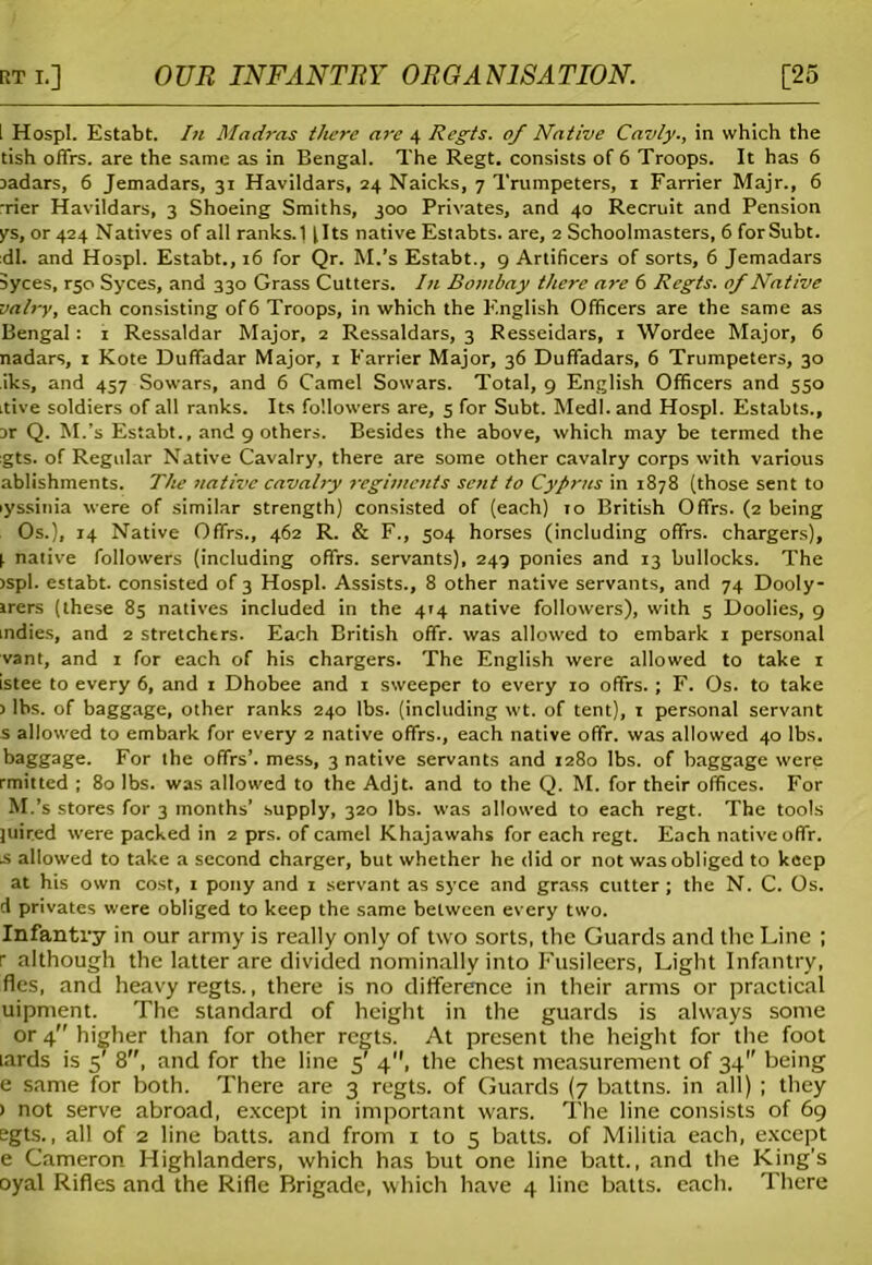 i Hospl. Estabt. In Madras there are 4 Regts. of Native Cavly., in which the tish offrs. are the same as in Bengal. The Regt. consists of 6 Troops. It has 6 Dadars, 6 Jemadars, 31 Havildars, 24 Naicks, 7 Trumpeters, 1 Farrier Majr., 6 •rier Havildars, 3 Shoeing Smiths, 300 Privates, and 40 Recruit and Pension ys, or 424 Natives of all ranks.1 llts native Estabts. are, 2 Schoolmasters, 6 forSubt. dl. and Hospl. Estabt., 16 for Qr. M.’s Estabt., 9 Artificers of sorts, 6 Jemadars Syces, T5o Syces, and 330 Grass Cutters. I)i Bombay tJiere are 6 Regts. of Native valry, each consisting of 6 Troops, in which the English Officers are the same as Bengal: 1 Ressaldar Major, 2 Ressaldars, 3 Resseidars, 1 Wordee Major, 6 nadars, 1 Kote Duflfadar Major, 1 Farrier Major, 36 Duffadars, 6 Trumpeters, 30 iks, and 457 Sowars, and 6 Camel Sowars. Total, 9 English Officers and 550 Ltive soldiers of all ranks. Its followers are, 5 for Subt. Medl. and Hospl. Estabts., Dr Q. M.’s Estabt., and 9 others. Besides the above, which may be termed the gts. of Regular Native Cavalry, there are some other cavalry corps with various ablishments. The native cavalry regiments sent to Cyprus in 1878 (those sent to >yssinia were of similar strength) consisted of (each) 10 British Offrs. (2 being Os.), 14 Native Offrs., 462 R. & F., 504 horses (including offrs. chargers), [ native followers (including offrs. servants), 249 ponies and 13 bullocks. The >spl. estabt. consisted of 3 Hospl. Assists., 8 other native servants, and 74 Dooly- ircrs (these 85 natives included in the 414 native followers), with 5 Doolies, 9 indies, and 2 stretchers. Each British offr. was allowed to embark 1 personal vant, and 1 for each of his chargers. The English were allowed to take 1 istee to every 6, and 1 Dhobee and 1 sweeper to every 10 offrs. ; F. Os. to take ) lbs. of baggage, other ranks 240 lbs. (including wt. of tent), 1 personal servant s allowed to embark for every 2 native offrs., each native offr. was allowed 40 lbs. baggage. For the offrs’. mess, 3 native servants and 1280 lbs. of baggage were rmitted ; 80 lbs. was allowed to the Adjt. and to the Q. M. for their offices. For M.’s stores for 3 months’ supply, 320 lbs. was allowed to each regt. The tools juired were packed in 2 prs. of camel Khajawahs for each regt. Each native offr. •s allowed to take a second charger, but whether he did or not was obliged to keep at his own cost, 1 pony and 1 servant as syce and grass cutter; the N. C. Os. d privates were obliged to keep the same between every two. Infantry in our army is really only of two sorts, the Guards and the Line ; r although the latter are divided nominally into Fusileers, Light Infantry, fles, and heavy regts., there is no difference in their arms or practical uipment. The standard of height in the guards is always some or 4 higher than for other regts. At present the height for the foot lards is 5' 8'\ and for the line 5' 4, the chest measurement of 34 being e same for both. There are 3 regts. of Guards (7 battns. in all) ; they ) not serve abroad, except in important wars. The line consists of 69 egts., all of 2 line batts. and from 1 to 5 batts. of Militia each, except e Cameron Highlanders, which has but one line batt., and the King’s