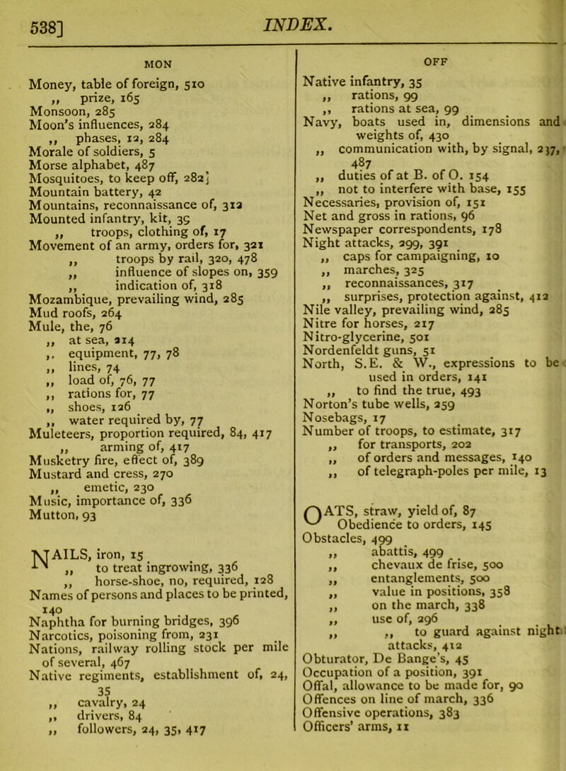 538] MON OFF Money, table of foreign, 510 „ prize, 165 Monsoon, 285 Moon’s influences, 284 ,, phases, 12, 284 Morale of soldiers, 5 Morse alphabet, 487 Mosquitoes, to keep off, 282] Mountain battery, 42 Mountains, reconnaissance of, 312 Mounted infantry, kit, 35 ,, troops, clothing of, 17 Movement of an army, orders for, 321 ,, troops by rail, 320, 478 ,, influence of slopes on, 359 ,, indication of, 318 Mozambique, prevailing wind, 285 Mud roofs, 264 Mule, the, 76 „ at sea, 214 ,, equipment, 77, 78 „ lines, 74 „ load of, 76, 77 ,, rations for, 77 „ shoes, 126 ,, water required by, 77 Muleteers, proportion required, 84, 417 „ arming of, 417 Musketry fire, effect of, 389 Mustard and cress, 270 „ emetic, 230 Music, importance of, 336 Mutton, 93 TvJAILS, iron, 13 to treat ingrowing, 336 ,, horse-shoe, no, required, 128 Names of persons and places to be printed, Naphtha for burning bridges, 396 Narcotics, poisoning from, 231 Nations, railway rolling stock per mile of several, 467 Native regiments, establishment of, 24, 35 ,, cavalry, 24 ,, drivers, 84 „ followers, 24, 35, 417 and Native infantry, 35 ,, rations, 99 ,, rations at sea, 99 Navy, boats used in, dimensions weights of, 430 ,, communication with, by signal, 257, 487 „ duties of at B. of 0. 154 ,, not to interfere with base, 155 Necessaries, provision of, 151 Net and gross in rations, 96 Newspaper correspondents, 178 Night attacks, 299, 391 ,, caps for campaigning, 10 ,, marches, 325 ,, reconnaissances, 317 ,, surprises, protection against, 412 Nile valley, prevailing wind, 283 Nitre for horses, 217 Nitro-glycerine, 301 Nordenfeldt guns, 51 North, S.E. & \V., expressions to be used in orders, 141 ,, to find the true, 493 Norton’s tube wells, 259 Nosebags, 17 Number of troops, to estimate, 317 ,, for transports, 202 ,, of orders and messages, 140 ,, of telegraph-poles per mile, 13 /A ATS, straw, yield of, 87 Obedience to orders, 143 Obstacles, 499 abattis, 499 chevaux de frise, 500 entanglements, 500 value in positions, 358 on the march, 338 use of, 296 ,, to guard against night* attacks, 412 Obturator, De Bange’s, 45 Occupation of a position, 391 Offal, allowance to be made for, 90 Offences on line of march, 336 Offensive operations, 383 Officers’ arms, 11