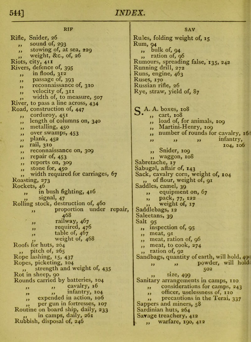 RIF Rifle, Snider, 26 ,, sound of, 293 ,, stowing of, at sea, 229 ,, weight, &c., of, 26 Riots, city, 411 Rivers, defence of, 395 ,, in flood, 312 „ passage of, 393 ,, reconnaissance of, 310 ,, velocity of, 311 ,, width of, to measure, 507 River, to pass a line across, 434 Road, construction of, 447 ,, corduroy, 451 ,, length of columns on, 340 ,, metalling, 450 ,, over swamps, 453 ,, plank, 452 „ rail, 310 ,, reconnaissance on, 309 „ repair of, 453 ,, reports on, 309 ,, stone for, 430 ,, width required for carriages, 67 Roasting, 273 Rockets, 46 ,, in bush fighting, 416 „ signal, 47 Rolling stock, destruction of, 460 ,, proportion under repair, 468 ' „ railway, 467 „ required, 476 ,, table of, 467 ,, weight of, 468 Roofs for huts, 264 ,, pitch of, 265 Rope lashing, 15, 437 Ropes, picketing, 104 ,, strength and weight of, 435 Rot in sheep, 90 Rounds carried by batteries, 104 „ „ cavalry, 16 „ ,, infantry, 104 ,, expended in action, 106 ,, per gun in fortresses, 107 Routine on board ship, daily, 233 ,, in camps, daily, 261 Rubbish, disposal of, 246 SAV Rules, folding weight of, 15 Rum, 94 ,, bulk of, 94 ,, ration of, 96 Rumours, spreading false, 135, 242 Running drill, 272 Runs, engine, 463 Ruses, 170 Russian rifle, 26 Rye, straw, yield of, 87 SA. A. boxes, 108 • ,, cart, 108 ,, load of, for animals, 109 ,, Martini-Henry, 109 ,, number of rounds for cavalry, 16 „ ,, „ infantry, 104, 106 ,, Snider, 109 „ waggon, 108 Sabretache, 17 Sabugal, affair of, 143 Sack, cavalry corn, weight of, 104 ,, of flour, weight of, 91 Saddles, camel, 39 ,, equipment on, 67 „ pack, 77, 122 ,, weight of, 17 Saddlebags, 12 Saleetans, 39 Salt 95 „ inspection of, 95 ,, meat, 91 ,, meat, ration of, 96 ,, meat, to cook, 274 ,, ration of, 92 Sandbags, quantity of earth, will hold, 49 ,, „ powder, will hold 502 ,, size, 499 Sanitary arrangements in camps, no ,, considerations for camps, 243 ,, officer, uselessness of, no ,, precautions in the Terai, 337 Sappers and miners, 58 Sardinian huts, 264 Savage treachery, 412 ,, warfare, 190, 412