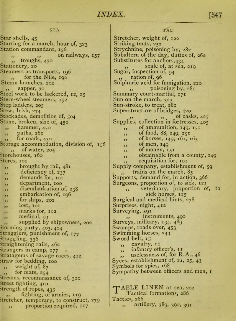 [547 STA Star shells, 45 Starting for a march, hour of, 323 Station commandant, 156 ,, ,, on railways, 157 ,, troughs, 470 Stationery, 20 Steamers as transports, 196 ,, for the Nile, 192 Steam launches, 201 ,, sapper, 70 Steel work to be lackered, 12, 15 Stern-wheel steamers, 192 Step ladders, 205 Stew, Irish, 274 Stockades, demolition of, 504 Stone, broken, size of, 450 ,, hammer, 450 ,, paths, 261 ,, for roads, 450 Storage accommodation, division of, 156 ,, of water, 204 . Storehouses, 160 Stores, 101 ,, brought by rail, 481 ,, deficiency of, 237 ,, demands for, 101 „ department, 100 ,, disembarkation of, 238 ,, embarkation of, 196 ,, for ships, 202 ,, lost, 101 ,, marks for, 102 ,, medical, 93 ,, supplied by shipowners, 202 Storming party, 403, 404 Stragglers, punishment of, 177 straggling, 336 straightening rails, 462 strangers in camp, 177 stratagems of savage races, 412 straw for bedding, 100 ,, weight of, 87 ^ ,, for mats, 254 streams, reconnaissance of, 310 street fighting, 410 strength of ropes, 435 ,, fighting, of armies, 119 stretcher, temporary, to construct, 279 „ proportion required, 117 TAC Stretcher, weight of, 122 Striking tents, 252 Strychnine, poisoning by, 282 Subaltern of the day, duties of, 262 Substitutes for anchors,434 „ scale of, at sea, 219 Sugar, inspection of, 94 ,, ration of, 96 Sulphuric ac:d for fumigation, 220 ,, poisoning by, 281 Summary court-martial, 171 Sun on the march, 323 Sun-stroke, to treat, 281 Superstructure of bridges, 420 ,, ,, of casks, 425 Supplies, collection in fortresses, 405 ,, of ammunition, 149, 151 ,, of food, 88, 149, 151 ,, of horses, 149, 161, 163 ,, of men, 149 ,, of money, 151 ,, obtainable from a county, 149 ,, requisition for, 101 Supply company, establishment of, 59 ,, trains on the march, 85 Supports, demand for, in action, 366 Surgeons, proportion of, to sick, 121 ,, veterinary, proportion of, to sick horses, 125 Surgical and medical hints, 278 Surprises, night, 412 Surveying, 491 ,, instruments, 490 Surveys, military, 134, 489 Swamps, roads over, 453 Swimming horses, 243 Sword-belt, 15 ,, cavalry, 14 ,, infantry officer’s, 11 ,, uselessness of, for R.A., 46 Syces, establishment of, 24, 25, 43 Symbols for spies, 168 Sympathy between officers and men, 1 'T'ABLE LI MEN at sea, 202 Tactical formations, 286 Tactic5, 286 ,, artillery, 389, 390, 391