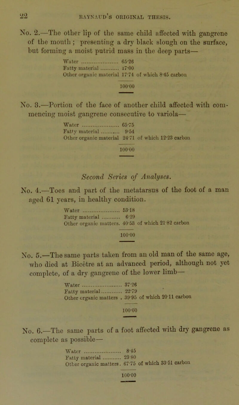 No. 2.—The other lip of tlie same child affected with gangrené of the mouth ; presenting a dry black slough on the surface, but formiug a moist putrid mass in tbe deep parts— Water G5'26 Fatty material l7'00 Otber organic material 17'74 of wliich 8-46 carbon 10000 No. 3.—Portion of tbe face of anotber cbild affected witb com- inencing moist gangi-ene consecutive to variola— Water G5'75 Fattj' material 9’54 Other organic material 24‘71 of which 12'23 carbon 10000 Second Séries of Analyses. No. 4.—Toes and part of tbe metatarsus of tbe foot of a man nged 61 years, in bealtby condition. Water 6318 Fatty material G'29 Other organic matters. 40'53 of which 21'82 carbon 100-00 Xo. 5.—Tbe same parts taben from au old man of tbe same âge, wbo died at Bicêtre at an advanced period, altbougb not yet complété, of a dry gangrené of tbe lower limb— Water 37 26 Fatty material 2‘2-79 Other organic matters . 39-95 of which 20-11 carbon 100-00 G.—Tbe same parts of a foot affected witb dry gangrené as complété as possible— Water 8 45 Fatty material 23 80 Other organic matters. 67-75 of which 33-51 carbon 100-00