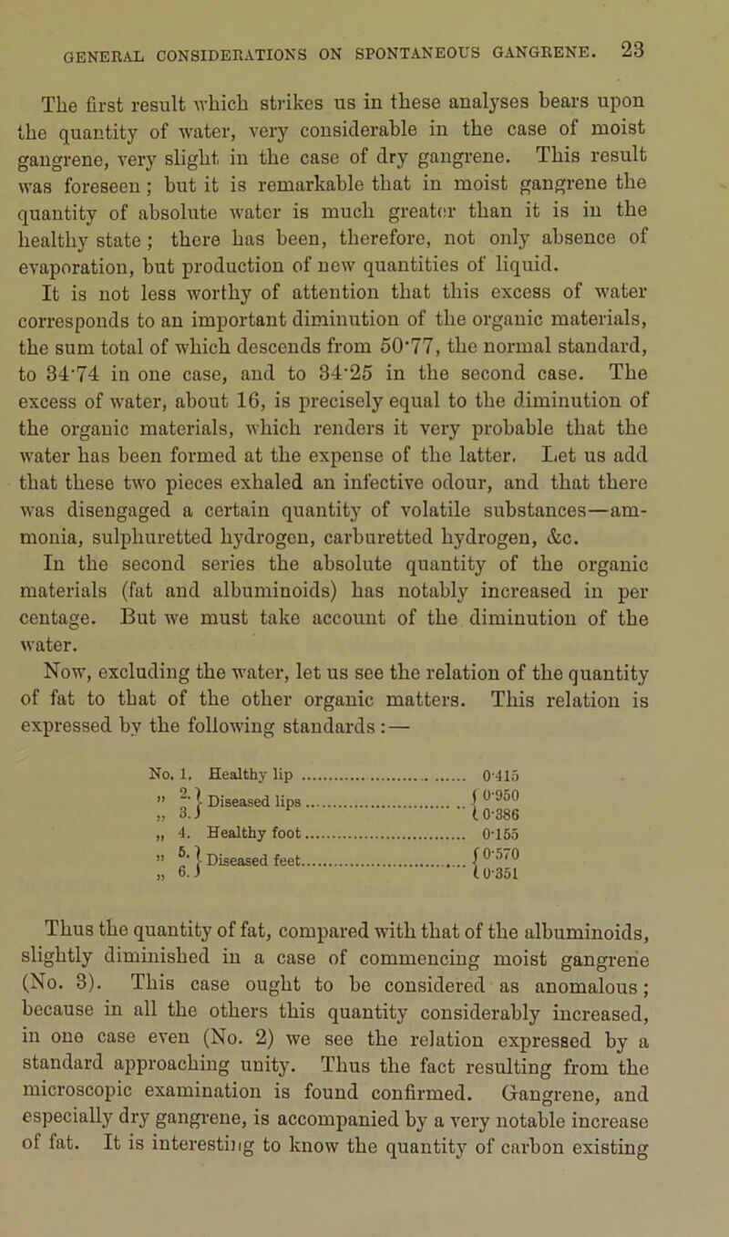 The first resuit whicli strikes us in these analyses bears upon the (juantity of water, very considérable in tbe case of moist gangrené, very sligbt in tbe case of dry gangrené. Tbis resuit was foreseeu ; but it is remarkable tbat in moist gangrené tbe quantity of absolute water is mucb greater tban it is in tbe bealtby state ; tbere bas been, tberefore, not only absence of évaporation, but production of new quantifies of liquid. It is not less wortby of attention tbat tbis excess of water corresponds to an important diminution of tbe organic materials, tbe sum total of wbicb descends from 50'77, tbe normal standard, to 34'74 in one case, and to 34'25 in tbe second case. Tbe excess of water, about 16, is precisely equal to tbe diminution of tbe orgauic materials, wbicb renders it very probable tbat tbe water bas been formed at tbe expense of tbe latter, Iiet us add tbat tbese two pièces exbaled an infective odour, and tbat tbere was disengaged a certain quantity of volatile substances—am- mouia, sulpburetted bydrogen, carburetted bydrogen, &c. In tbe second sériés tbe absolute quantity of tbe organic materials (fat and albuminoids) bas notably increased in per centage. But we must take account of tbe diminution of tbe water. Now, excluding tbe water, let us see tbe relation of tbe quantity of fat to tbat of tbe otber organic matters. Tbis relation is expressed by tbe foUowing standards : — No. 1. Healthy lip O f ” > Diseased lips JJ 3. ) „ 4. Healthy foot ” 1 Diseased feet „ 6. J Tbus tbe quantity of fat, compared w^tb tbat of tbe albuminoids, sligbtly diminisbed in a case of commencing moist gangrené (No. 3). Tbis case ougbt to be considered as anomalous ; because in ail tbe otbers tbis quantity considerably increased, in one case even (No. 2) we see tbe relation expressed by a standard approacbing unity. Tbus tbe fact resulting from tbe microscopie examination is found confirmed. Gangrené, and especially dry gangrené, is accompanied by a very notable increase of fat. It is interestiiig to know tbe quantity of cai’bon existing 0-415 ( 0-950 10-386 0-165 f 0-570 10-351