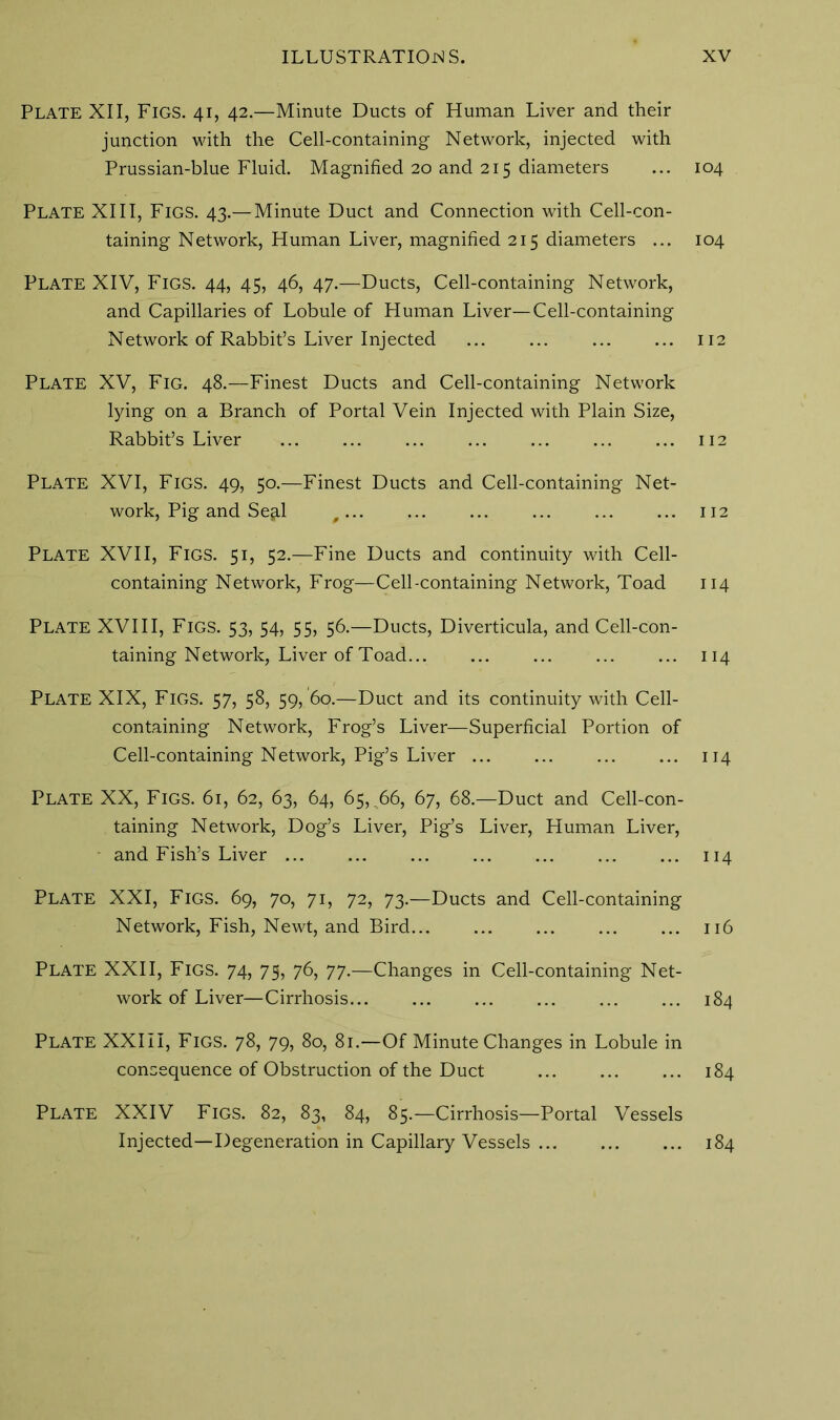 Plate XII, Figs. 41, 42.—Minute Ducts of Human Liver and their junction with the Cell-containing Network, injected with Prussian-blue Fluid. Magnified 20 and 215 diameters Plate XIII, Figs. 43.—Minute Duct and Connection with Cell-con- taining Network, Human Liver, magnified 215 diameters ... Plate XIV, Figs. 44, 45, 46, 47.—Ducts, Cell-containing Network, and Capillaries of Lobule of Human Liver—Cell-containing Network of Rabbit’s Liver Injected Plate XV, Fig. 48.—Finest Ducts and Cell-containing Network lying on a Branch of Portal Vein Injected with Plain Size, Rabbit’s Liver Plate XVI, Figs. 49, 50.—Finest Ducts and Cell-containing Net- work, Pig and Se^l ,... Plate XVII, Figs. 51, 52.—Fine Ducts and continuity with Cell- containing Network, Frog—Cell-containing Network, Toad Plate XVIII, Figs. 53, 54, 55, 56.—Ducts, Diverticula, and Cell-con- taining Network, Liver of Toad Plate XIX, Figs. 57, 58, 59, 60.—Duct and its continuity with Cell- containing Network, Frog’s Liver—Superficial Portion of Cell-containing Network, Pig’s Liver ... Plate XX, Figs. 61, 62, 63, 64, 65, 66, 67, 68.—Duct and Cell-con- taining Network, Dog’s Liver, Pig’s Liver, Human Liver, and Fish’s Liver ... Plate XXI, Figs. 69, 70, 71, 72, 73.—Ducts and Cell-containing Network, Fish, Newt, and Bird Plate XXII, Figs. 74, 75, 76, 77.—Changes in Cell-containing Net- work of Liver—Cirrhosis... Plate XXIII, Figs. 78, 79, 80, 81.—Of Minute Changes in Lobule in consequence of Obstruction of the Duct Plate XXIV Figs. 82, 83, 84, 85.—Cirrhosis—Portal Vessels Injected—Degeneration in Capillary Vessels 104 104 112 112 112 114 114 114 114 116 184 184 184