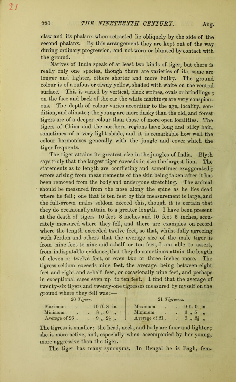 claw and its phalanx when retracted lie obliquely by the side of the second phalanx. By this arrangement they are kept out of the way during ordinary progression, and not worn or blunted by contact with the ground. Natives of India speak of at least two kinds of tiger, but there is really only one species, though there are varieties of it; some are longer and lighter, others shorter and more bulky. The ground colour is of a rufous or tawny yellow, shaded with white on the ventral surface. This is varied by vertical, black stripes, ovals or brindlings ; on the face and back of the ear the white markings are very conspicu- ous. The depth of colour varies according to the age, locality, con- dition, and climate; the young are more dusky than the old, and forest tigers are of a deeper colour than those of more open localities. The tigers of China and the northern regions have long and silky hair, sometimes of a very light shade, and it is remarkable how well the colour harmonises generally with the jungle and cover which the tiger frequents. The tiger attains its greatest size in the jungles of India. Blyth says truly that the largest tiger exceeds in size the largest lion. The statements as to length are conflicting and sometimes exaggerated ; errors arising from measurements of the skin being taken after it has been removed from the body and undergone stretching. The animal should be measured from the nose along the spine as he lies dead where he fell; one that is ten feet by this measurement is large, and the full-grown males seldom exceed this, though it is certain that they do occasionally attain to a greater length. I have been present at the death of tigers 10 feet 8 inches and 10 feet 6 inches, accu- rately measured where they fell, and there are examples on record where the length exceeded twelve feet, so that, whilst fully agreeing with Jerdon and others that the average size of the male tiger is from nine feet to nine and a-half or ten feet, I am able to assert, from indisputable evidence, that they do sometimes attain the length of eleven or twelve feet, or even two or three inches more. The tigress seldom exceeds nine feet, the average being between eight feet and eight and a-half feet, or occasionally nine feet, and perhaps in exceptional cases even up to ten feet. I find that the average of twenty-six tigers and twenty-one tigresses measured by myself on the ground where they fell was :— 26 Tigers. 21 Tigresses. Maximum . . 10 ft. 8 in. Minimum . . 8 „ 0 „ Average of 26 . . 9 „ 2£ „ Maximum . . 9 ft. 0 in. Minimum . . 6 „ 5 „ Average of 21 . . 8 „ 2$ „ The tigress is smaller; the head, neck, and body are finer and lighter ; she is more active, and, especially when accompanied by her young, more aggressive than the tiger. The tiger has many synonyms. In Bengal he is Bagh, fern.