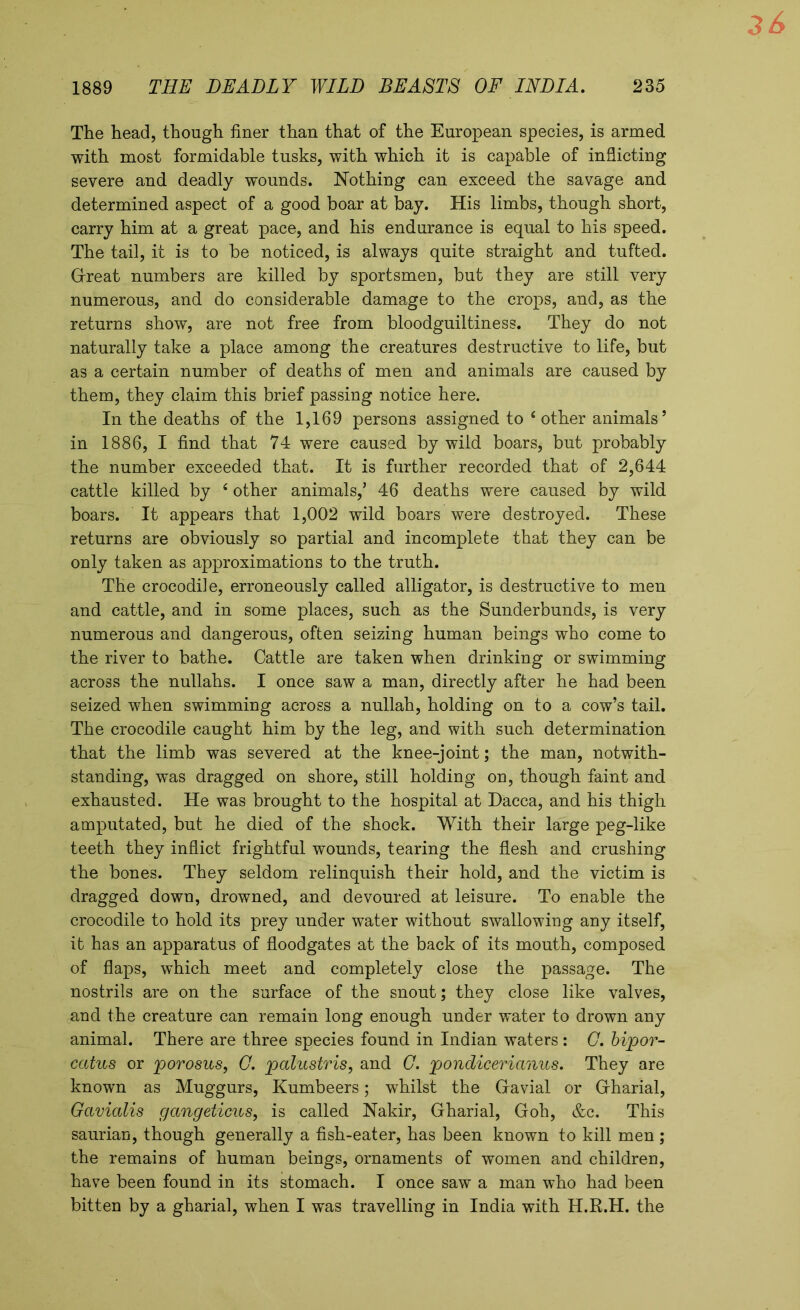 The head, though finer than that of the European species, is armed with most formidable tusks, with which it is capable of inflicting severe and deadly wounds. Nothing can exceed the savage and determined aspect of a good boar at bay. His limbs, though short, carry him at a great pace, and his endurance is equal to his speed. The tail, it is to be noticed, is always quite straight and tufted. Great numbers are killed by sportsmen, but they are still very numerous, and do considerable damage to the crops, and, as the returns show, are not free from bloodguiltiness. They do not naturally take a place among the creatures destructive to life, but as a certain number of deaths of men and animals are caused by them, they claim this brief passing notice here. In the deaths of the 1,169 persons assigned to ‘other animals’ in 1886, I find that 74 were caused by wild boars, but probably the number exceeded that. It is further recorded that of 2,644 cattle killed by 4 other animals,’ 46 deaths were caused by wild boars. It appears that 1,002 wild boars were destroyed. These returns are obviously so partial and incomplete that they can be only taken as approximations to the truth. The crocodile, erroneously called alligator, is destructive to men and cattle, and in some places, such as the Sunderbunds, is very numerous and dangerous, often seizing human beings who come to the river to bathe. Cattle are taken when drinking or swimming across the nullahs. I once saw a man, directly after he had been seized when swimming across a nullah, holding on to a cow’s tail. The crocodile caught him by the leg, and with such determination that the limb was severed at the knee-joint; the man, notwith- standing, was dragged on shore, still holding on, though faint and exhausted. He was brought to the hospital at Dacca, and his thigh amputated, but he died of the shock. With their large peg-like teeth they inflict frightful wounds, tearing the flesh and crushing the bones. They seldom relinquish their hold, and the victim is dragged down, drowned, and devoured at leisure. To enable the crocodile to hold its prey under water without swallowing any itself, it has an apparatus of floodgates at the back of its mouth, composed of flaps, which meet and completely close the passage. The nostrils are on the surface of the snout; they close like valves, and the creature can remain long enough under water to drown any animal. There are three species found in Indian waters: 0. bipor- catus or porosus, 0. palustris, and 0. pondicerianus. They are known as Muggurs, Kumbeers; whilst the Gavial or Gharial, Gavialis gangeticus, is called Nakir, Gharial, Goh, &c. This saurian, though generally a fish-eater, has been known to kill men ; the remains of human beings, ornaments of women and children, have been found in its stomach. I once saw a man who had been bitten by a gharial, when I was travelling in India with H.R.H. the