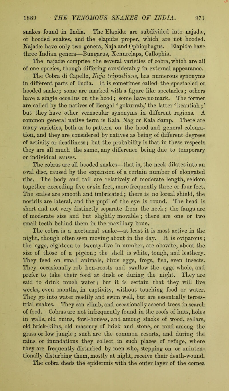 snakes found in India. The Elapidse are subdivided into najadse, or hooded snakes, and the elapidse proper, which are not hooded. Najadse have only two genera, Naja and Ophiophagus. Elapidse have three Indian genera—Bungarus, Xenurelaps, Callophis. The najadse comprise the several varieties of cobra, which are all of one species, though differing considerably in external appearance. The Cobra di Capello, Naja tripudians, has numerous synonyms in different parts of India. It is sometimes called the spectacled or hooded snake; some are marked with a figure like spectacles; others have a single occellus on the hood; some have no mark. The former are called by the natives of Bengal 4 gokurrah,’ the latter ‘ keautiah; ’ but they have other vernacular synonyms in different regions. A common general native term is Kala Nag or Kala Samp. There are many varieties, both as to pattern on the hood and general coloura- tion, and they are considered by natives as being of different degrees of activity or deadliness; but the probability is that in these respects they are all much the same, any difference being due to temporary or individual causes. The cobras are all hooded snakes—that is, the neck dilates into an oval disc, caused by the expansion of a certain number of elongated ribs. The body and tail are relatively of moderate length, seldom together exceeding five or six feet, more frequently three or four feet. The scales are smooth and imbricated; there is no loreal shield, the nostrils are lateral, and the pupil of the eye is round. The head is short and not very distinctly separate from the neck ; the fangs are of moderate size and but slightly movable; there are one or two small teeth behind them in the maxillary bone. The cobra is a nocturnal snake—at least it is most active in the night, though often seen moving about in the day. It is oviparous ; the eggs, eighteen to twenty-five in number, are obovate, about the size of those of a pigeon; the shell is white, tough, and leathery. They feed on small animals, birds’ eggs, frogs, fish, even insects. They occasionally rob hen-roosts and swallow the eggs whole, and prefer to take their food at dusk or during the night. They are said to drink much water; but it is certain that they will live weeks, even months, in captivity, without touching food or water. They go into water readily and swim well, but are essentially terres- trial snakes. They can climb, and occasionally ascend trees in search of food. Cobras are not infrequently found in the roofs of huts, holes in walls, old ruins, fowl-houses, and among stacks Gf wood, cellars, old brick-kilns, old masonry of brick and stone, or mud among the grass or low jungle; such are the common resorts, and during the rains or inundations they collect in such places of refuge, where they are frequently disturbed by men who, stepping on or uninten- tionally disturbing them, mostly at night, receive their death-wound. The cobra sheds the epidermis with the outer layer of the cornea