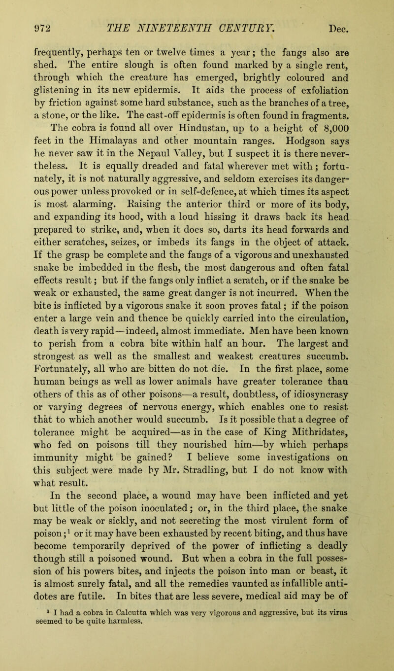 frequently, perhaps ten or twelve times a year; the fangs also are shed. The entire slough is often found marked by a single rent, through which the creature has emerged, brightly coloured and glistening in its new epidermis. It aids the process of exfoliation by friction against some hard substance, such as the branches of a tree, a stone, or the like. The cast-off epidermis is often found in fragments. The cobra is found all over Hindustan, up to a height of 8,000 feet in the Himalayas and other mountain ranges. Hodgson says he never saw it in the Nepaul Valley, but I suspect it is there never- theless. It is equally dreaded and fatal wherever met with; fortu- nately, it is not naturally aggressive, and seldom exercises its danger- ous power unless provoked or in self-defence, at which times its aspect is most alarming. Kaising the anterior third or more of its body, and expanding its hood, with a loud hissing it draws back its head prepared to strike, and, when it does so, darts its head forwards and either scratches, seizes, or imbeds its fangs in the object of attack. If the grasp be complete and the fangs of a vigorous and unexhausted snake be imbedded in the flesh, the most dangerous and often fatal effects result; but if the fangs only inflict a scratch, or if the snake be weak or exhausted, the same great danger is not incurred. When the bite is inflicted by a vigorous snake it soon proves fatal; if the poison enter a large vein and thence be quickly carried into the circulation, death isvery rapid—indeed, almost immediate. Men have been known to perish from a cobra bite within half an hour. The largest and strongest as well as the smallest and weakest creatures succumb. Fortunately, all who are bitten do not die. In the first place, some human beings as well as lower animals have greater tolerance than others of this as of other poisons—a result, doubtless, of idiosyncrasy or varying degrees of nervous energy, which enables one to resist that to which another would succumb. Is it possible that a degree of tolerance might be acquired—as in the case of King Mithridates, who fed on poisons till they nourished him—by which perhaps immunity might be gained? I believe some investigations on this subject were made by Mr. Stradling, but I do not know with what result. In the second place, a wound may have been inflicted and yet but little of the poison inoculated; or, in the third place, the snake may be weak or sickly, and not secreting the most virulent form of poison;1 or it may have been exhausted by recent biting, and thus have become temporarily deprived of the power of inflicting a deadly though still a poisoned wound. But when a cobra in the full posses- sion of his powers bites, and injects the poison into man or beast, it is almost surely fatal, and all the remedies vaunted as infallible anti- dotes are futile. In bites that are less severe, medical aid may be of 1 I had a cobra in Calcutta which was very vigorous and aggressive, but its virus seemed to be quite harmless.
