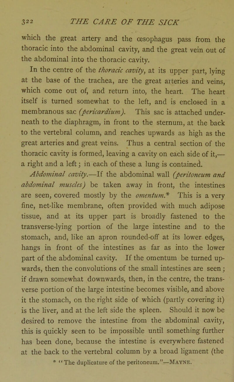 which the great artery and the oesophagus pass from the thoracic into the abdominal cavity, and the great vein out of the abdominal into the thoracic cavity. In the centre of the thoracic cavity, at its upper part, lying at the base of the trachea, are the great aiteries and veins, which come out of, and return into, the heart. The heart itself is turned somewhat to the left, and is enclosed in a membranous sac (pericardium). This sac is attached under- neath to the diaphragm, in front to the sternum, at the back to the vertebral column, and reaches upwards as high as the great arteries and great veins. Thus a central section of the thoracic cavity is formed, leaving a cavity on each side of it,— a right and a left; in each of these a lung is contained. Abdominal cavity.—If the abdominal wall (peritoneum and abdominal muscles) be taken away in front, the intestines are seen, covered mostly by the omentum.* This is a very fine, net-like membrane, often provided with much adipose tissue, and at its upper part is broadly fastened to the transverse-lying portion of the large intestine and to the stomach, and, like an apron rounded-off at its lower edges, hangs in front of the intestines as far as into the lower part of the abdominal cavity. If the omentum be turned up- wards, then the convolutions of the small intestines are seen; if drawn somewhat downwards, then, in the centre, the trans- verse portion of the large intestine becomes visible, and above it the stomach, on the right side of which (partly covering it) is the liver, and at the left side the spleen. Should it now be desired to remove the intestine from the abdominal cavity, this is quickly seen to be impossible until something further has been done, because the intestine is everywhere fastened at the back to the vertebral column by a broad ligament (the * “The duplicature of the peritoneum.”—Mayne.