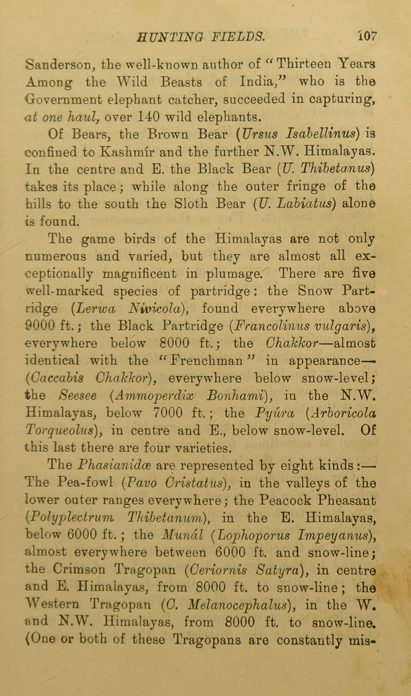 Sanderson, the well-known author of “ Thirteen Years Among the Wild Beasts of India/’ who is the Government elephant catcher, succeeded in capturing, at one haul, over 140 wild elephants. Of Bears, the Brown Bear (Ursus Isabellinus) is confined to Kashmir and the further N.W. Himalayas. In the centre and E. the Black Bear (U. Thibeta.nus) takes its place; while along the outer fringe of the hills to the south the Sloth Bear (U. Labiatus) alone is found. The game birds of the Himalayas are not only numerous and varied, but they are almost all ex- ceptionally magnificent in plumage. There are five well-marked species of partridge: the Snow Part- ridge (Lerwa Nivicola), found everywhere above 9000 ft.; the Black Partridge (Francolinus vulgaris), everywhere below 8000 ft.; the Ghakkor—almost identical with the “Frenchman” in appearance— (Caccabis Ghakkor), everywhere below snow-level; the Seesee (Ammoperdix Bonhami), in the N.W. Himalayas, below 7000 ft.; the Pyura (Arboricola Torqueolus), in centre and E., below snow-level. Of this last there are four varieties. The Phasianidce are represented by eight kinds :—■ The Pea-fowl (Pavo Cristatus), in the valleys of the lower outer ranges everywhere; the Peacock Pheasant (Poly plectrum Thibetanum), in the E. Himalayas, below 6000 ft. ; the Mundl (Lophoporus Impeyanus), almost everywhere between 6000 ft. and snow-line; the Crimson Tragopan (Geriornis Satyra), in centre and E. Himalayas, from 8000 ft. to snow-line; the Western Tragopan (G. Melanocephalus), in the W. and N.W. Himalayas, from 8000 ft. to snow-line. (One or both of these Tragopans are constantly mis-