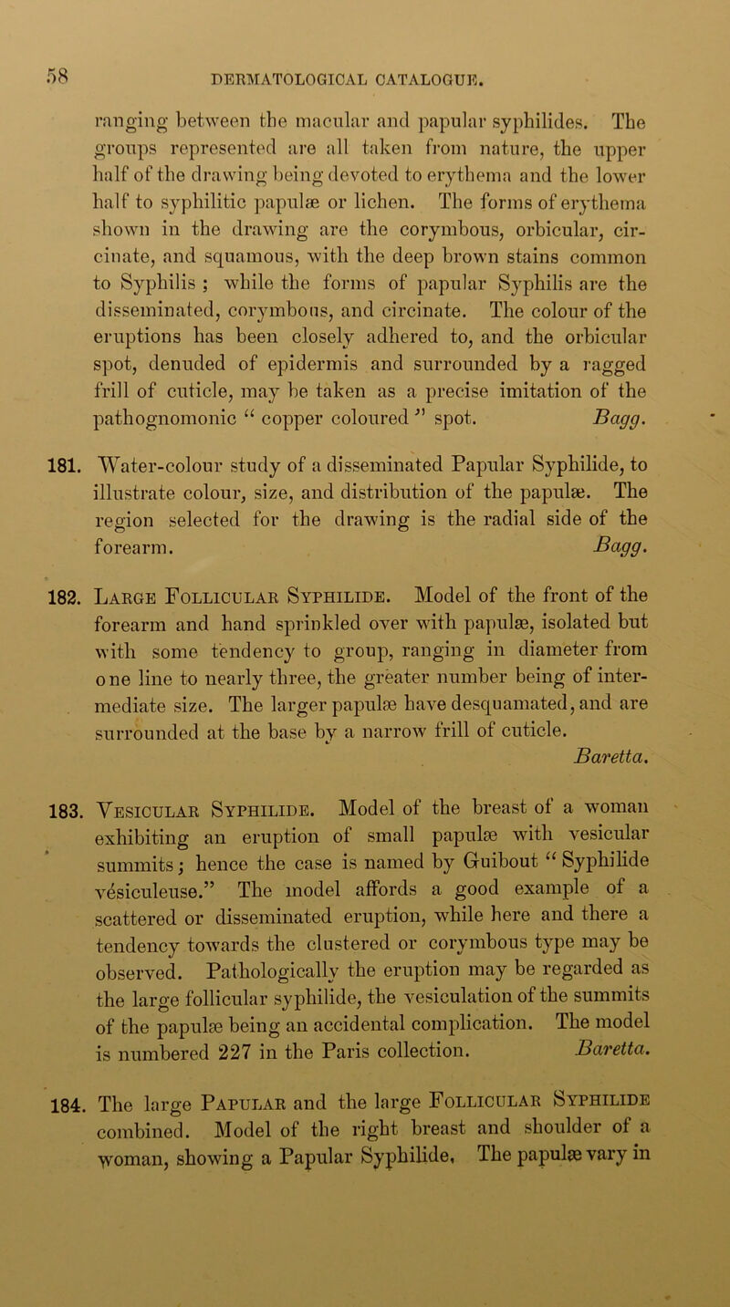 ranoiiig between the macular and papular syphilides. The groups represented are all taken from nature, the upper half of the drawing being devoted to erythema and the lower half to syphilitic papulae or lichen. The forms of erythema shown in the drawing are the corymbous, orbicular, cir- cinate, and squamous, with the deep brown stains common to Syphilis ; while the forms of papular Syphilis are the disseminated, corymbons, and circinate. The colour of the eruptions has been closely adhered to, and the orbicular spot, denuded of epidermis and surrounded by a ragged frill of cuticle, may be taken as a precise imitation of the pathognomonic “ copper coloured spot. Bagg. 181. Water-colour study of a disseminated Papular Syphilide, to illustrate colour, size, and distribution of the papulae. The region selected for the drawing is the radial side of the forearm. Bagg. 182. Large Follicular Syphilide. Model of the front of the forearm and hand sprinkled over with papulae, isolated but with some tendency to group, ranging in diameter from one line to nearly three, the greater number being of inter- mediate size. The larger papulae have desquamated, and are surrounded at the base by a narrow frill of cuticle. Baretta. 183. Vesicular Syphilide. Model of the breast of a woman exhibiting an eruption of small papulae with vesicular summits; hence the case is named by Guibout Syphilide vesiculeuse.” The model affords a good example of a scattered or disseminated eruption, while here and there a tendency towards the clustered or corymbous type may be observed. Pathologically the eruption may be regarded as the large follicular syphilide, the vesiculation of the summits of the papulae being an accidental complication. The model is numbered 227 in the Paris collection. Baretta. 184. The large Papular and the large Follicular Syphilide combined. Model of the right breast and shoulder of a Vvoman, showing a Papular Syphilide, The papulae vary in