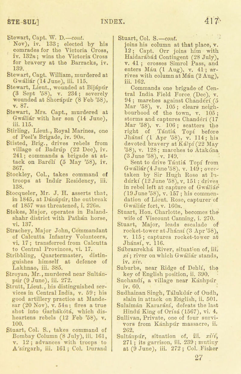 Stewart, Capt. W. D.—cont. Nov), iv. 133; elected by his comrades for the Victoria Cross, iv. 132n; wins the Victoria Cross for bravery at the Barracks, iv. 139. Stewart, Capt. William, murdered at Gwaliar (14 June), iii. 115. Stewart, Lieut., wounded at Bijapur (3 Sept ’58), v. 234; severely wounded at Shorapur (8 Feb ’58), v. 87. Stewart, Mrs. Capt., murdered at Gwaliar with her son (14 June), iii. 115. Stirling, Lieut., Royal Marines, one of Peel’s Brigade, iv. 90». Stisted, Brig., drives rebels from village of Badrup (22 Dec), iv. 241; commands a brigade at at- tack on Bareli (5 May ’58), iv. 367. Stockley, Col., takes command of troops at Indur Residency, iii. 138. Stocqueler, Mr. J. H. asserts that, in 1845, at Danapur, the outbreak of 1857 was threatened, i. 226n. Stokes, Major, operates in Baland- shahr district with Pathan horse, vi. 137. Strachey, Major John, Commandant of Calcutta Infantry Volunteers, vi. 17 ; transferred from Calcutta to Central Provinces, vi. 17. Stribbling, Quartermaster, distin- guishes himself at defence of Lakhnao, iii. 385. Stroyan, Mr., murdered near Sultan- pur (9 June), iii. 272. Strutt, Lieut., bis distinguished ser- vices in Central India, v. 59; his good artillery practice at Mande- sar (20 Nov), v. 54n; fires a true shot into Garhakota, which dis- heartens rebels (12 Feb ’58), v. 100. Stuart, Col. S., takes command of Bombay Column (8 July), iii. 161, v. 12; advances with troops to A'sirgarh, iii. 161; Col. Durand Stuart, Col. S.—cont. joins his column at that place, v. 12; Capt. Orr joins him with Haidarabai Contingent (28 July), v. 41 ; crosses Simrol Pass, and enters Mau (l Aug), v. 41; ar- rives with column at Mau (2 Aug), iii. 162. Commands one brigade of Cen- tral India Field Force (Dec), v. 94 ; marehes against Chande'ri (5 Mar ’58), v. 105; clears neigh- bourhood of the town, v. 105; storms and captures Chanderi (17 Mar ’58), v. 106; scatters the right of Tantia Topi before Jhansf (1 Apr ’58), v. 114; his devoted bravery at Kalpf(22 May ’58), v. 128 ; marches to Atakona (3 June ’58), v. 149. Sent to drive Tantia Topi from Gwaliar (4 June’58), v. 149; over-' taken by Sir Hugh Rose at Iu- durki (12 June ’58), v. 151 ; drives in rebel left at capture of Gwaliar (19 June’58), v. 157 ; his commen- dation of Lieut. Rose, capturer of Gwaliar fort, v. 160n. Stuart, Hon. Charlotte, becomes the wife of Viscount Canning, i. 270. Stuart, Major, leads escalade of rocket-tower at Jhansf (3 Apr ’58), v. 115; captures rocket-tower at Jhansf, v. 116. Subranrekha River, situation of, iii.' xi; river on which Gwaliar stands, iv. xiv. Suburbs, near Ridge of Dehlf, the key of English position, ii. 390. Suchandf, a village near Kanhpur iv. 60. Sudhainan Singh, Talukdar of Oudh, slain in attack on English, ii. 501. Sulaiman Kararanf, defeats the last Hindu King of Orisa (1567), vi. 4. Sullivan, Private, one of four survi- vors from Kanhpur massacre, ii. 262. Sul tan pur, situation of, iii. xiit, 271; its garrison, iii. 239; mutiny nt (9 Juno), iii. 272 ; Col. Fisher 27