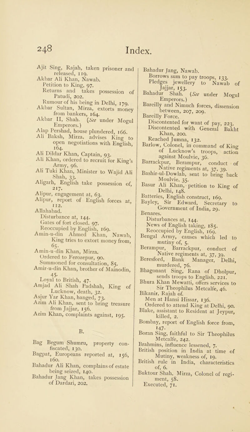 ■Ajit Sing, Rajah, taken prisoner and released, 119. Akbar Ali Khan, Nawab. Petition to King, 97. Returns and takes possession of Patudi, 202. Rumour of his being in Delhi, 179. Akbar Sultan, Mirza, extorts money from bankers, 164. Akbar II, Shah. (See under Mogul Emperors.) A lap Pershad, house plundered, 166. Ali Baksh, Mirza, advises King to open negotiations with English, 164. Ali Dildar Khan, Captain, 93. Ali Khan, ordered to recruit lor King’s Army, 96. Ali Tuki Khan, Minister to Wajid Ali Shah, 33. Aligarh, English take possession of, 217. Alipur, engagement at, 63. Alipur, report of English forces at, 112. Allahabad. Disturbance at, 144. Cates of fort closed, 97. Reoccupied by English, 169. Amin-u-din Ahmed Khan, Nawab, King tries to extort money from, 65. Amin-u-din Khan, Mirza. Ordered to Ferozepur, go. Summoned for consultation, 85. Amir-u-din Khan, brother of Mainodin, 45- Loyal to British, 47. Amjad Ali Shah Padshah, King of Lucknow, death, 32. Asjur Yar Khan, hanged, 73. Azim Ali Khan, sent to bring treasure fromjajjar, 156. Azim Khan, complaints against, 195. B. Bag Begum Shumru, property con- fiscated, 130. Bagpat, Europeans reported at, 156, 160. Bahadur Ali Khan, complains of estate being seized, 140. Bahadur Jang Khan, takes possession of Dardari, 202. Bahadur Jang, Nawab. Borrows sum to pay troops, 133. Pledges jewellery to Nawab of Jajjar, 153. Bahadur Shah. (See under Mogul Emperors.) Bareilly and Nimuch forces, dissension between, 207, 209. Bareilly Force. Discontented for want of pay, 223. Discontented with General ’ Bakht Khan, 200. Reached Jumna, 132. Barlow, Colonel, in command of King of Lucknow’s troops, action against Moulvie, 36. Barrackpur, Berampur, conduct of Native regiments at, 37, 39. Bashir-ul-Dowlah, sent to bring back Moulvie, 35. Basur Ali Khan, petition to King of Delhi, 148. Batteries, English construct, 169. Bayley, Sir Edward, Secretary to Government of India, 29. Benares. Disturbances at, 144. News of English taking, 185. Reoccupied by English, 169. Bengal Army, causes which led to mutiny of, 5. Berampur, Barrackpur, conduct of Native regiments at, 37, 39. Beresford, Bank Manager, Delhi, murdered, 76. Bhagonant Sing, Rana of Dholpur, sends troops to English, 221. Bhura Khan Mewatti, offers services to Sir Theophilus Metcalfe, 46. Bikanir, Rajah of. Men at Hansi Hissar, 136. Ordered to attend King at Delhi, 90. Blake, assistant to Resident at Teypur, killed, 2. Bombay, report of English force from, 147. Boran Sing, faithful to Sir Theophilus Metcalfe, 242. Brahmins, influence lessened, 7. British position in India at time of Mutiny, weakness of, 19. British rule in India, characteristics of, 6. Buktour Shah, Mirza, Colonel of regi- ment, 58. Executed, 71.