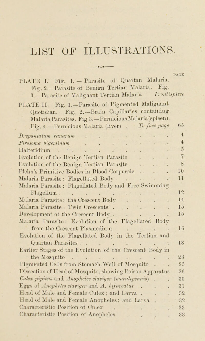 *04 PAGE PLATE I. Fig. 1. — Parasite of Quartan Malaria. Fig. 2. —Parasite of Benign Tertian Malaria. Fig. 3.—Parasite of Malignant Tertian Malaria Frontispiece PLATE H. Fig. 1.—Parasite of Pigmented Malignant Quotidian. Fig. 2.—Brain Capillaries containing Malaria Parasites. Fig. 3.—Pernicious Malaria(spleen) Fig. 4.—Pernicious Malaria (liver) . To face page 65 Frcpanidium ranarum ....... ^ Pirosoma bigeminum ....... 4 Halteridium ^ Evolution of the Benign Tertian Parasite ... 7 Evolution of the Benign Tertian Parasite ... 8 Plehn’s Primitive Bodies in Blood Corpuscle . . .10 Malaria Parasite: Flagellated Body . . . .11 Malaria Parasite: Flagellated Body and Free Swimming Flagellum . . . . . . . . .12 Malaria Parasite: the Crescent Body . . . .14 Malaria Parasite : Twin Crescents ..... 15 Development of the Crescent Body . . . . .15 Malaria Parasite: Evolution of the Flagellated Body from the Crescent Plasmodium . . . .16 Evolution of the Flagellated Body in the Teitian and Quartan Parasites . . . . . . .18 Earlier Stages of the Evolution of the Crescent Body in the Mosquito . . . . . . . .23 Pigmented Cells from Stomach Wall of Mosquito . . 25 Dissection of Head of Mosquito, showing Poison Apparatus 26 Culex pipiens and Anopheles claviger (maculipennn) . . 30 Eggs of Anopheles claviger and A. bifureatus . . .31 Head of Male and Female Culex ; and Larva ... 32 Head of Male and Female Anopheles; and Larva . . 32 Characteristic Position of Culex ... . .33 Characteristic Position of Anopheles . . . .33