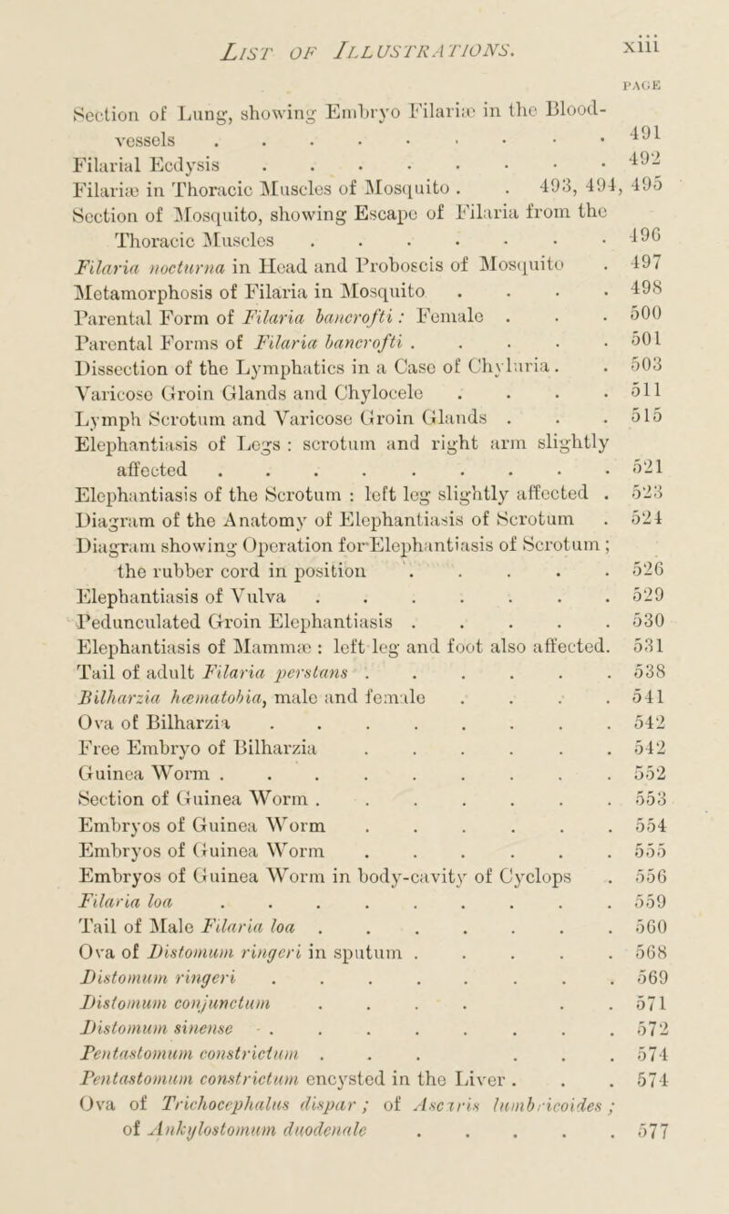 PAGE Section of Lung, showing Embryo Filariae in the Blood- vessels . . . • • • • • .491 Filarial Ecdysis 492 Filarim in Thoracic Muscles of Mosquito . . 493, 494, 495 Section of Mosquito, showing Escape of Filaria from the Thoracic Muscles . . . . - • . 49G Filaria nocturna in Head and Proboscis of Mosquito . 497 Metamorphosis of Filaria in Mosquito .... 49<S Parental Form of Filaria baucrofti: Female . . . 500 Parental Forms of Filaria bancrofti 501 Dissection of the Lymphatics in a Case of Chyluria. . 503 Varicose Groin Glands and Chylocele . . . .511 Lymph Scrotum and Varicose Groin Glands . . .515 Elephantiasis of Legs : scrotum and right arm slightly affected . . . . . . . . .521 Elephantiasis of the Scrotum : left leg slightly affected . 523 Diagram of the Anatomy of Elephantiasis of Sci’otum . 524 Diagram showing Operation forElephantiasis of Scrot um ; the rubber cord in position . . . . . 526 Elephantiasis of Vulva . . . . . . .529 Pedunculated Groin Elephantiasis ..... 530 Elephantiasis of Mammae : left leg and foot also affected. 531 Tail of adult Filaria perstuns ...... 538 Bilharzia hcematohia, male and female . . . .541 Ova of Bilharzia ........ 542 Free Embryo of Bilharzia ...... 542 Guinea Worm ......... 552 Section of Guinea Worm ....... 553 Embryos of Guinea Worm ...... 554 Embryos of Guinea Worm ...... 555 Embryos of Guinea Worm in body-cavity of Cyclops . 556 Filaria loa ......... 559 Tail of Male Filaria loa ...... 560 Ova of Distomum ringeri in sputum ..... 568 Distomum ringeri ........ 569 Distomum conjunctum .... . . 571 Distomum sinense . . . . . . . . 572 Pentastomum constricium ... ... 574 Pentastomum constricium encysted in the Liver . . .574 Ova of Trichocephalus dispar; of Asm vis lamb ricoides; of Ankylostomum duodenale ..... 577
